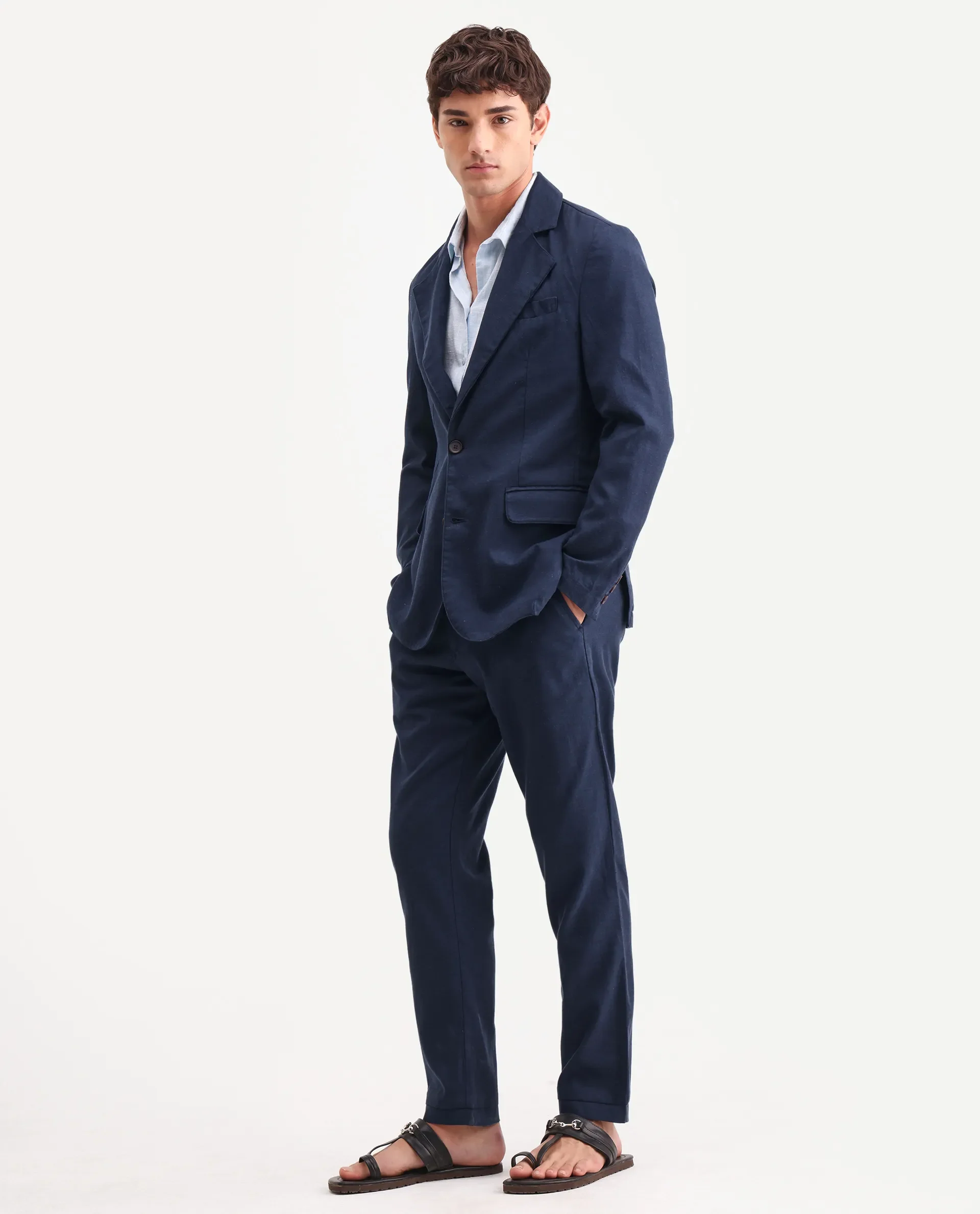 Rare Rabbit Men's Linol Navy Linen Blend Fabric Lapel Neck Tailored Fit Plain Blazer - Image 6