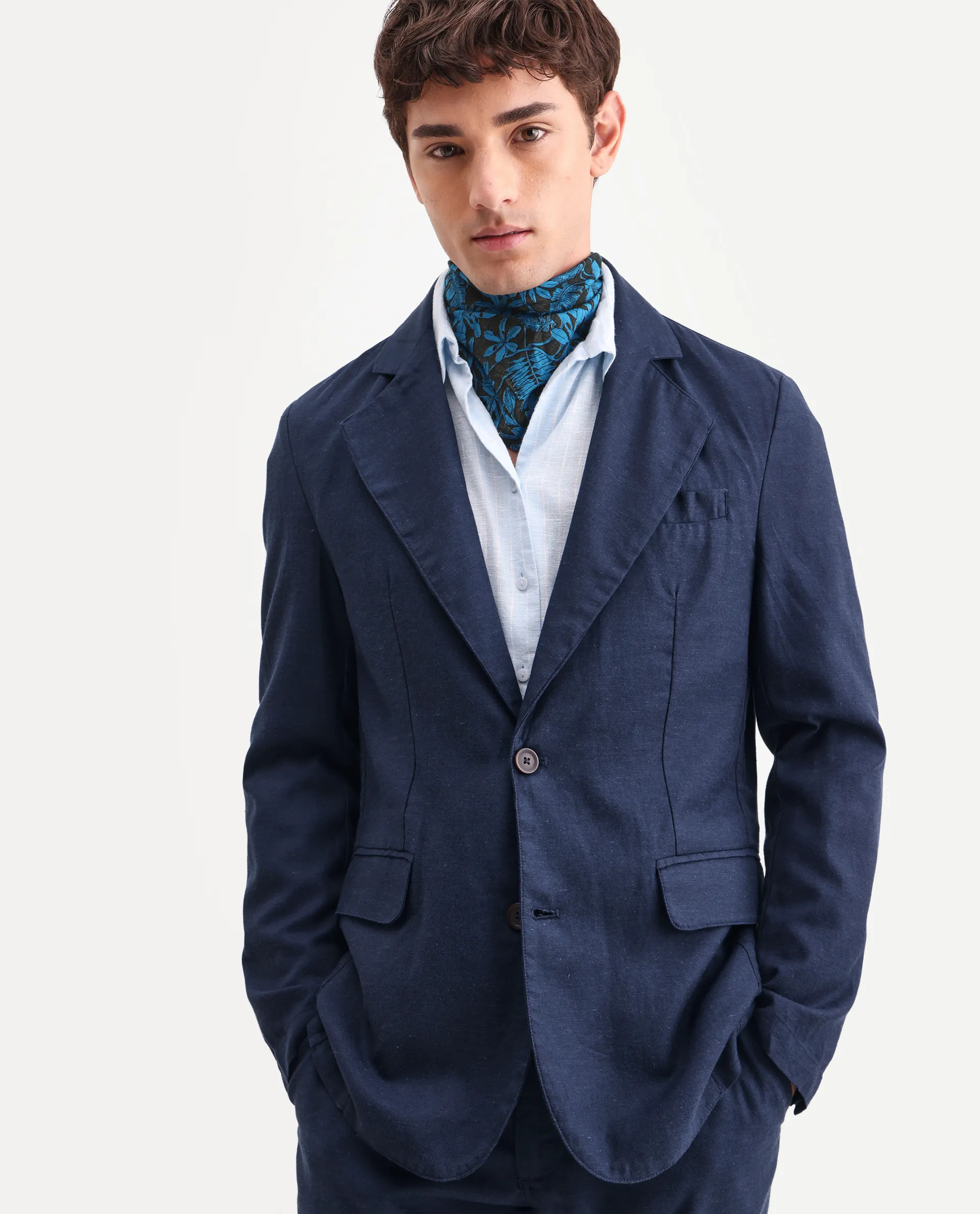 Rare Rabbit Men's Linol Navy Linen Blend Fabric Lapel Neck Tailored Fit Plain Blazer - Image 7