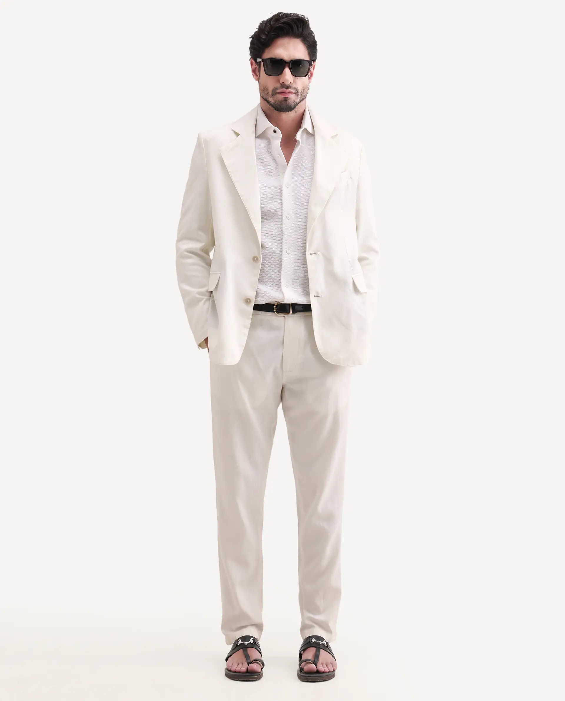 Rare Rabbit Men's Linol Off White Linen Blend Fabric Lapel Neck Tailored Fit Plain Blazer - Image 2