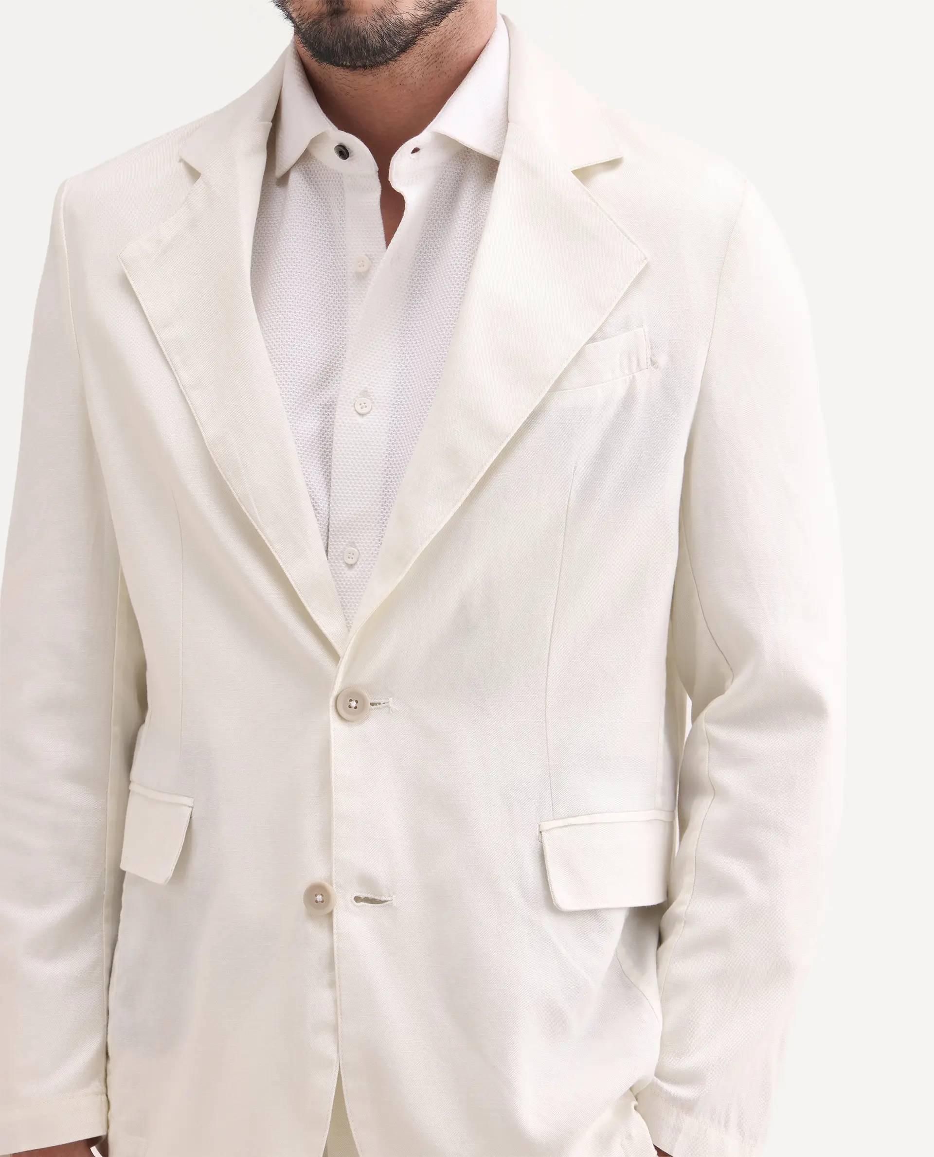 Rare Rabbit Men's Linol Off White Linen Blend Fabric Lapel Neck Tailored Fit Plain Blazer - Image 3