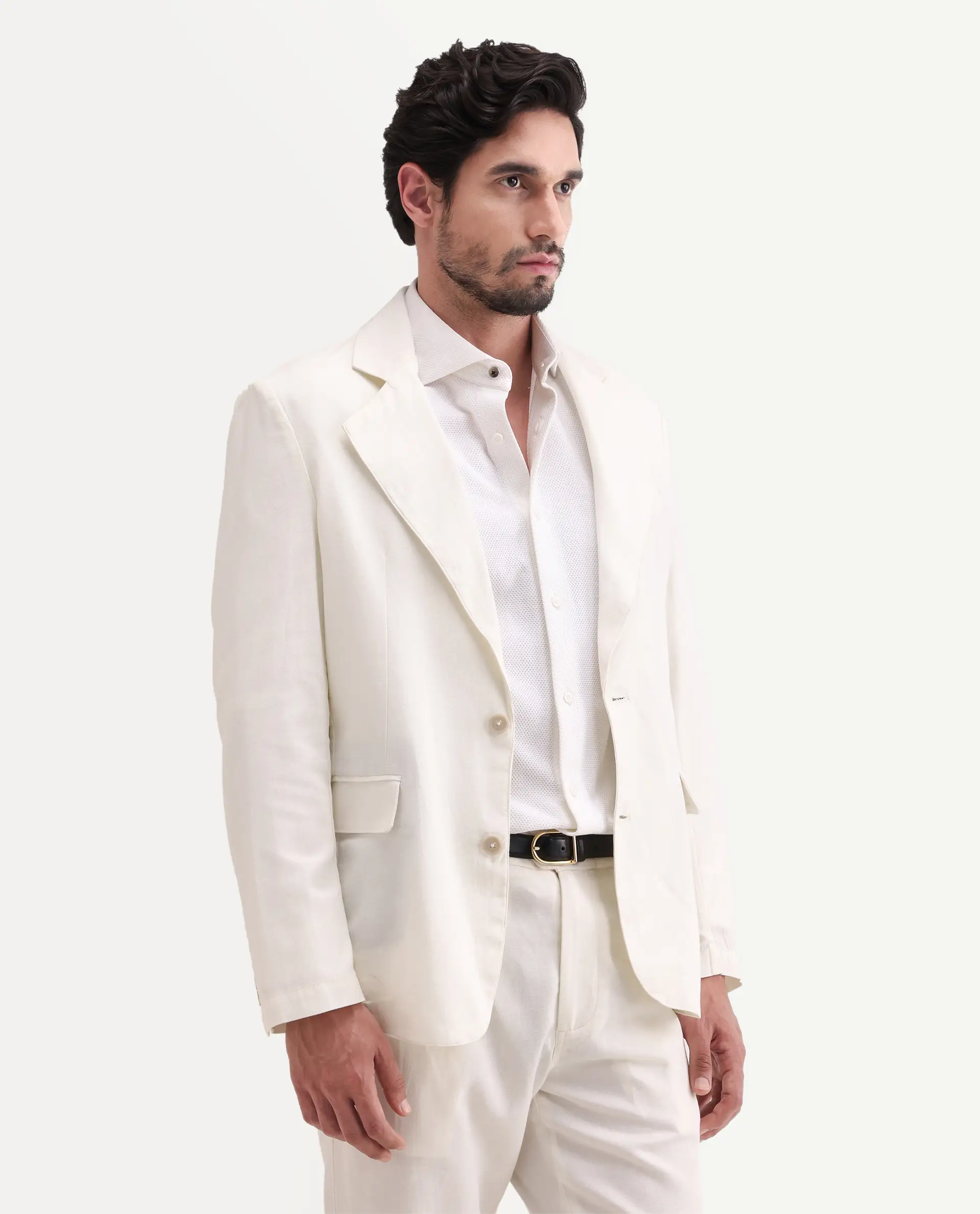 Rare Rabbit Men's Linol Off White Linen Blend Fabric Lapel Neck Tailored Fit Plain Blazer - Image 4