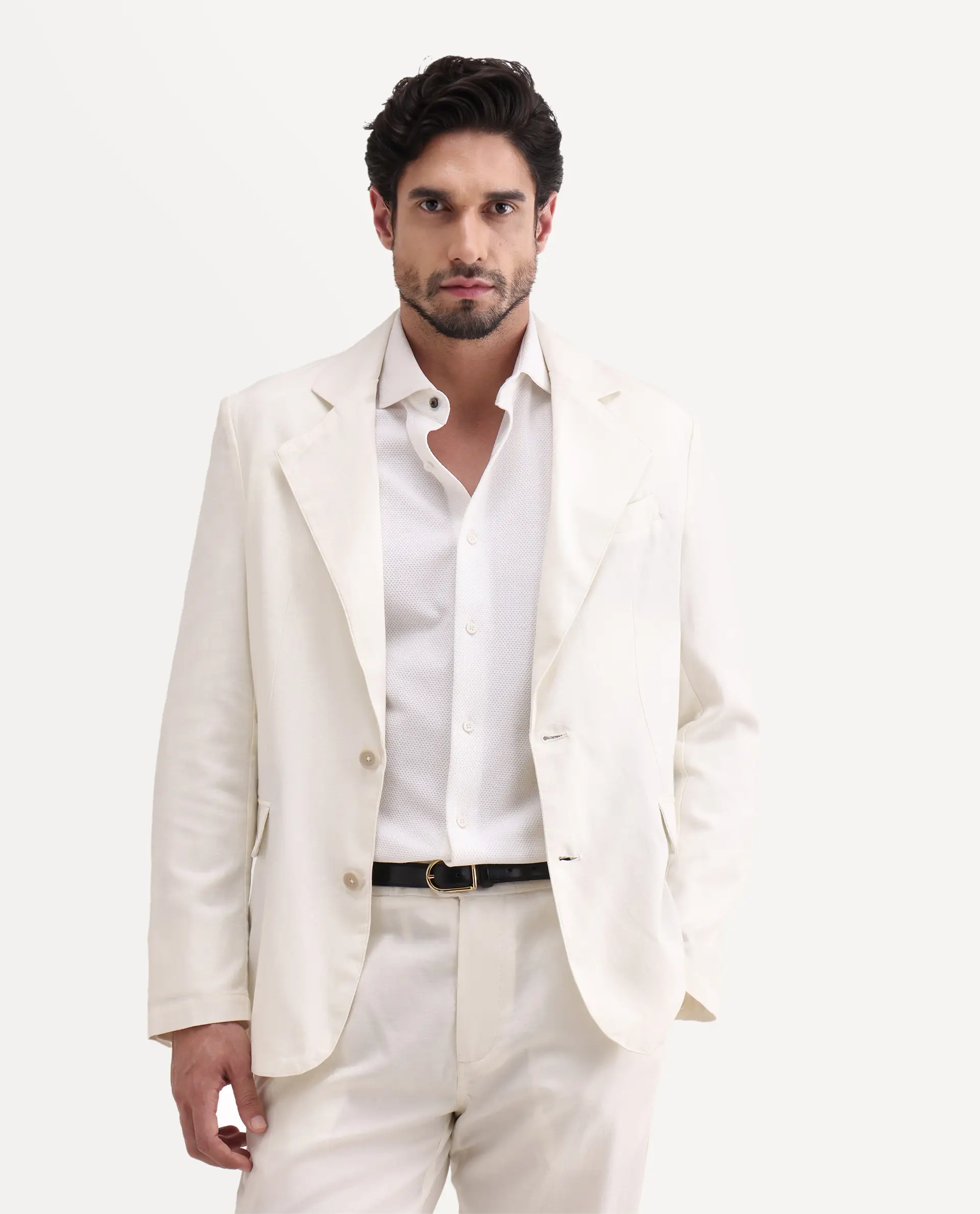 Rare Rabbit Men's Linol Off White Linen Blend Fabric Lapel Neck Tailored Fit Plain Blazer - Image 8