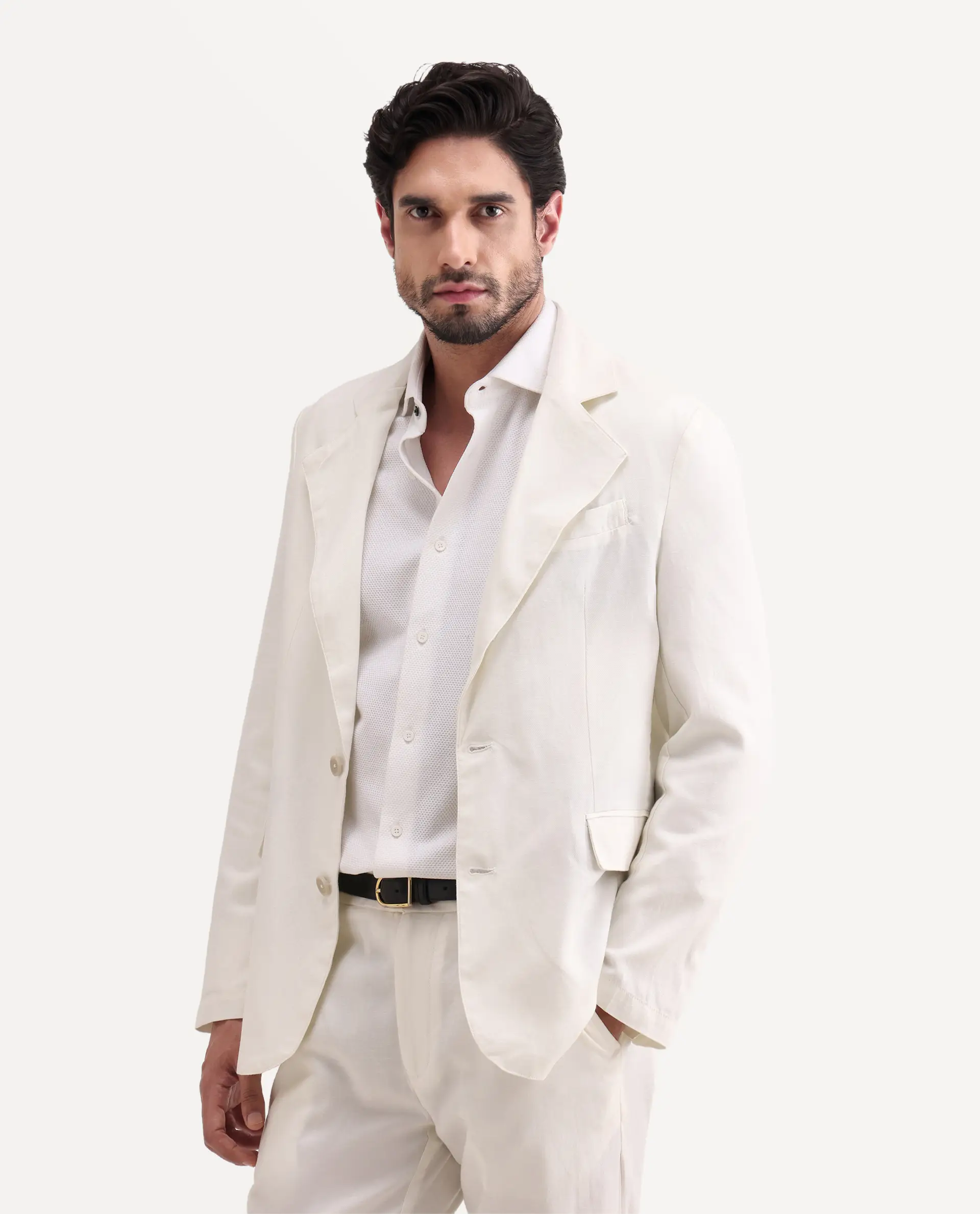 Rare Rabbit Men's Linol Off White Linen Blend Fabric Lapel Neck Tailored Fit Plain Blazer - Image 9