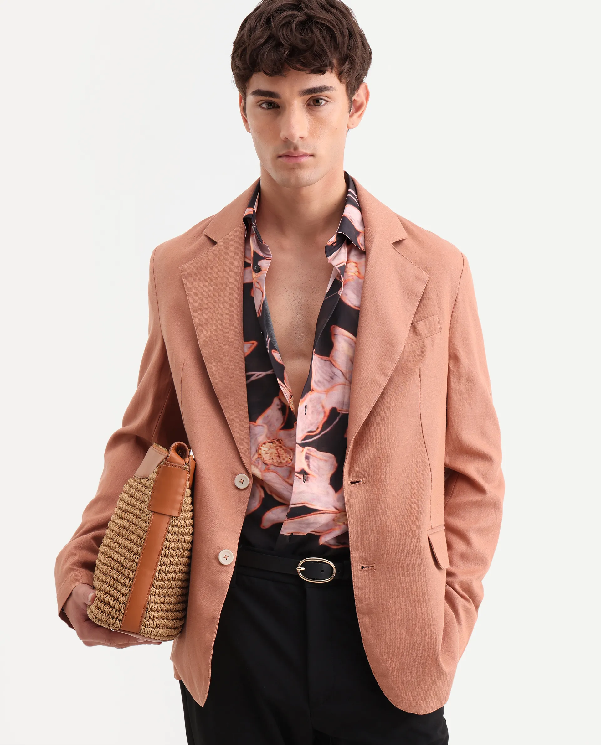 Rare Rabbit Men's Linol Peach Linen Blend Fabric Lapel Neck Tailored Fit Plain Blazer