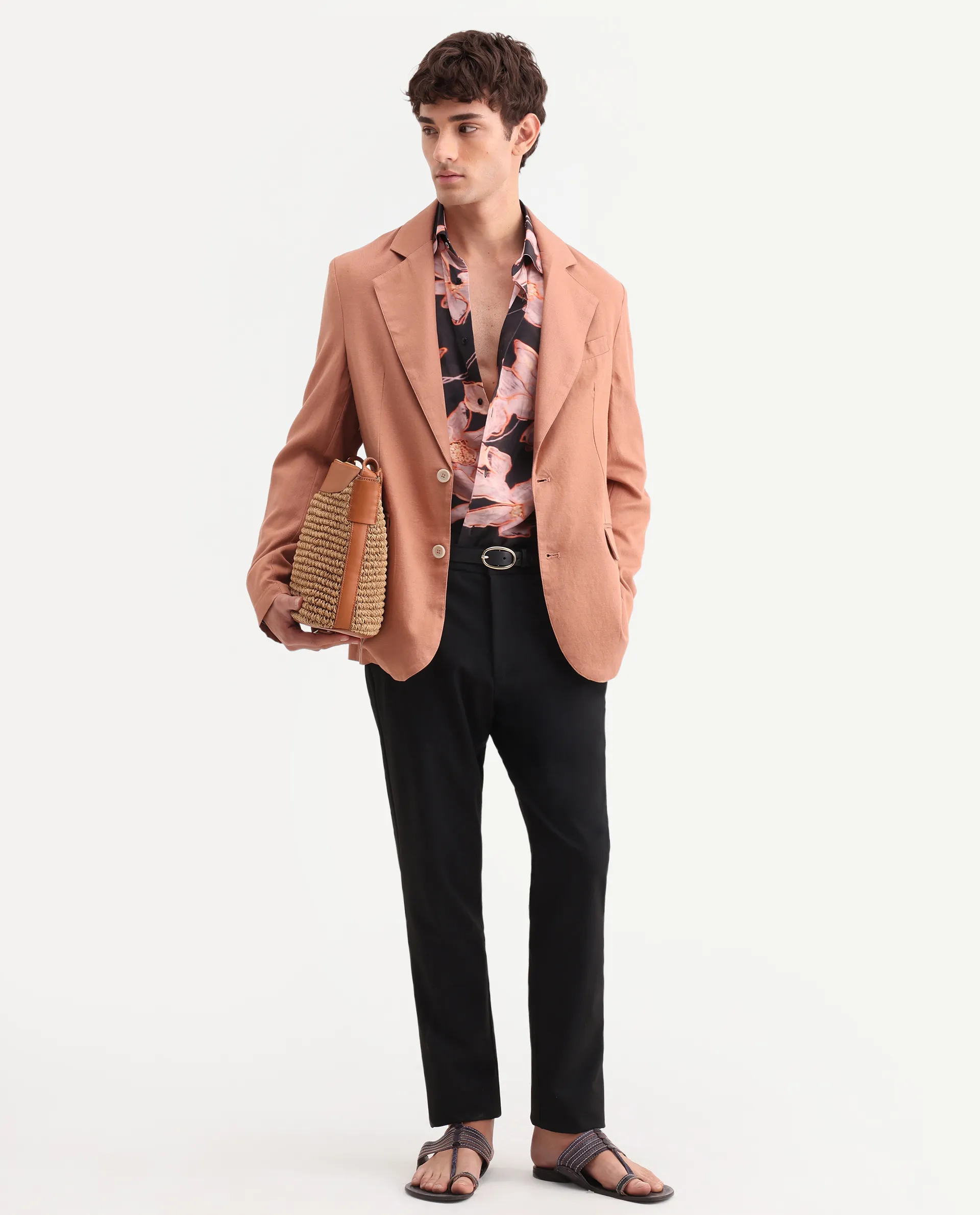 Rare Rabbit Men's Linol Peach Linen Blend Fabric Lapel Neck Tailored Fit Plain Blazer - Image 2