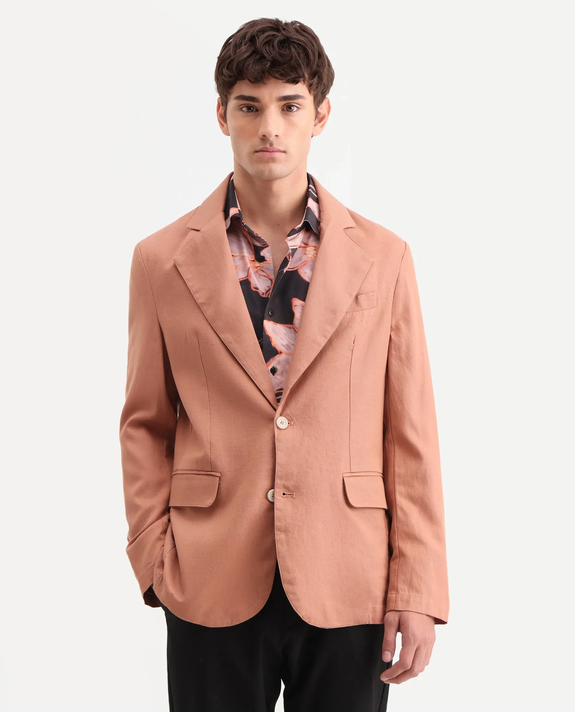 Rare Rabbit Men's Linol Peach Linen Blend Fabric Lapel Neck Tailored Fit Plain Blazer - Image 4