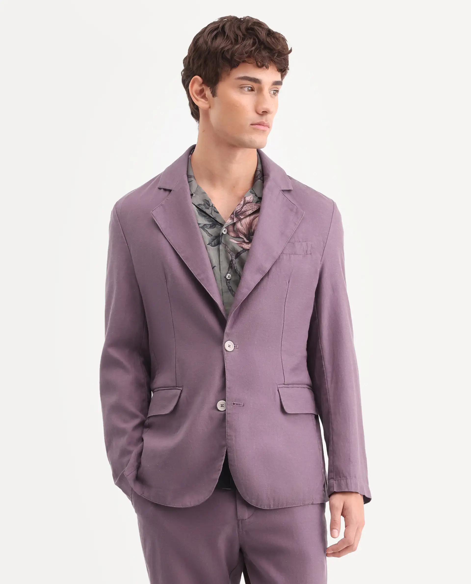 Rare Rabbit Men's Linol Purple Lyocell Blend Fabric Collared Neck Tailored Fit Blazer - Image 4