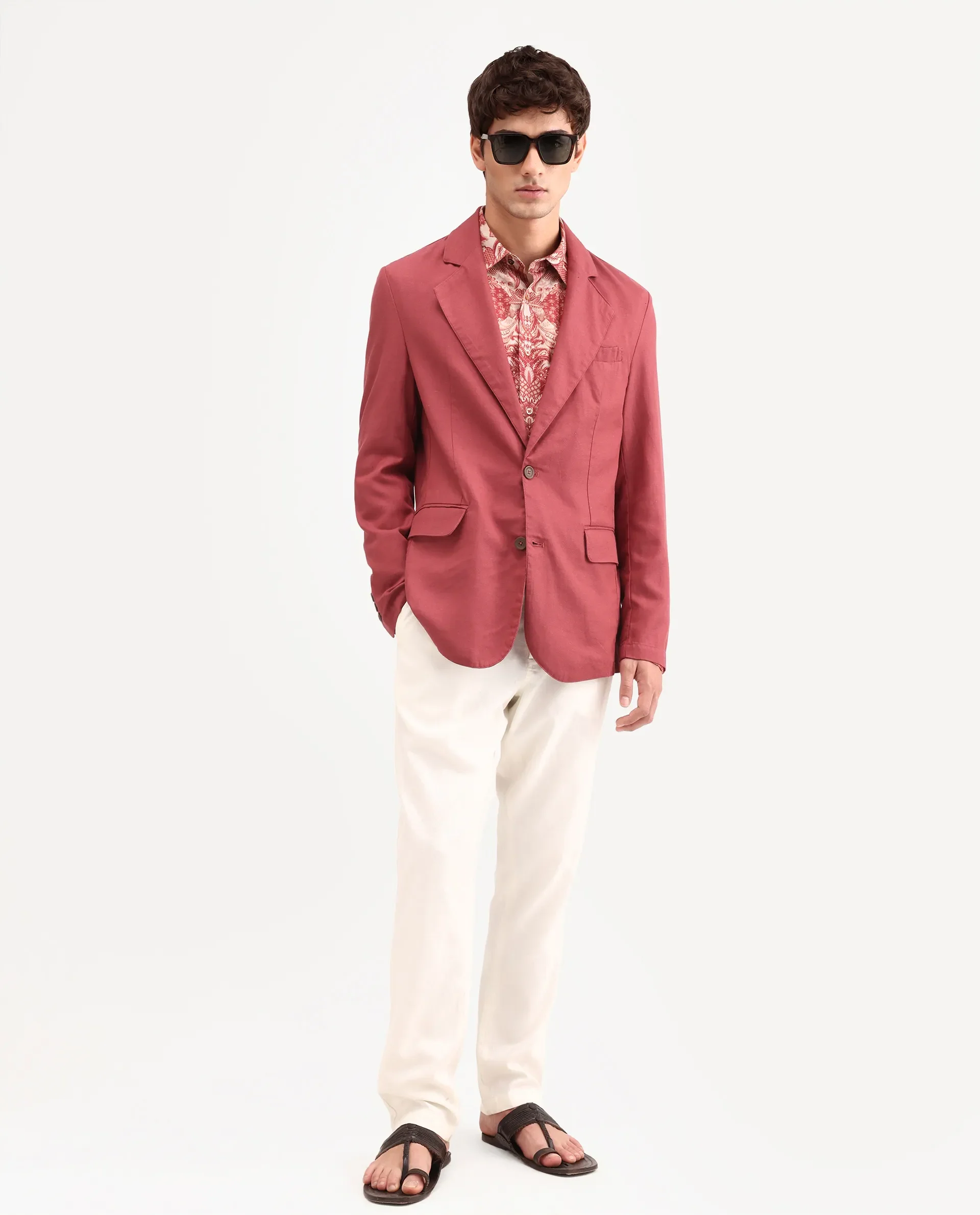 Rare Rabbit Men's Linol Red Linen Blend Fabric Lapel Neck Tailored Fit Plain Blazer - Image 2