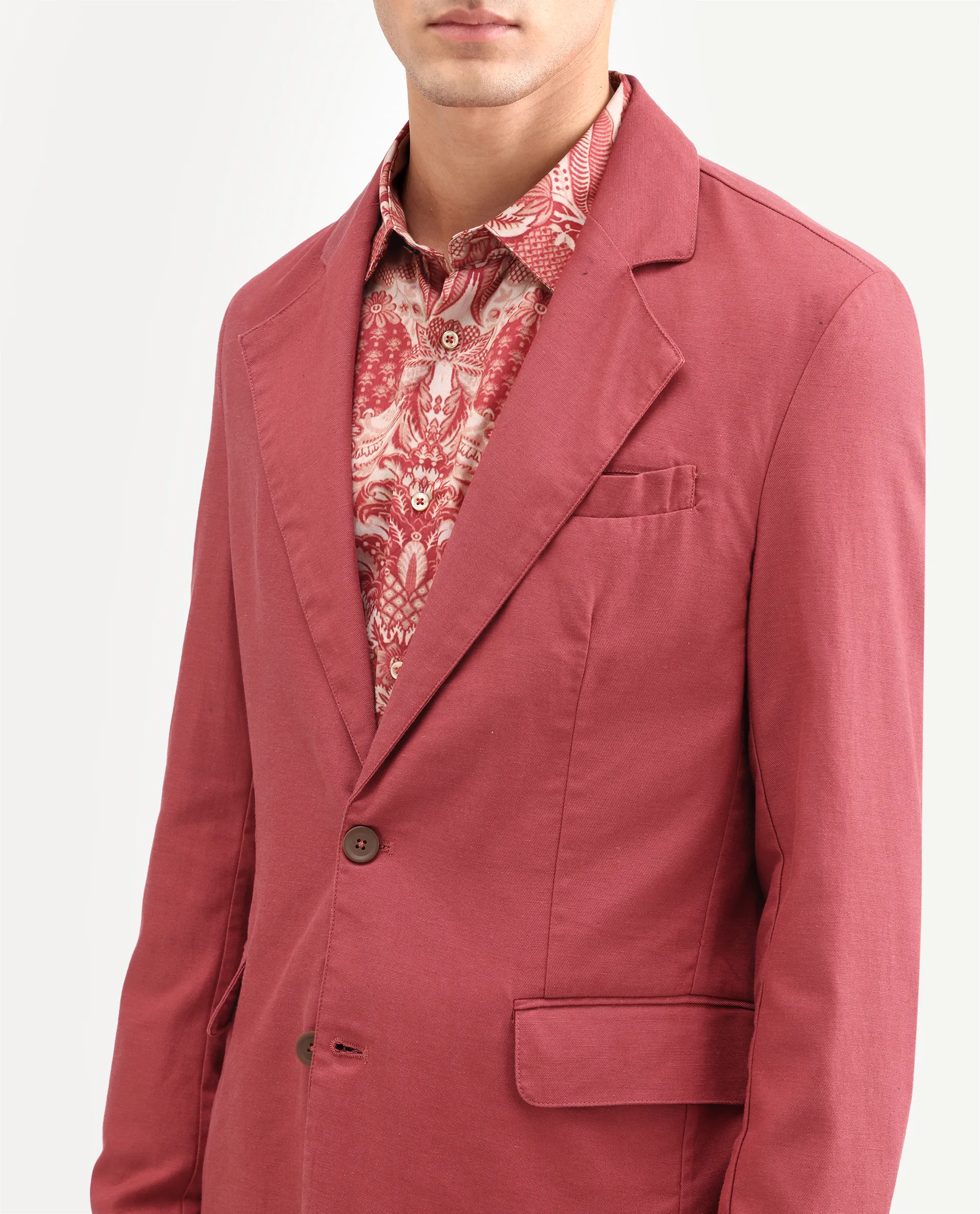 Rare Rabbit Men's Linol Red Linen Blend Fabric Lapel Neck Tailored Fit Plain Blazer - Image 3