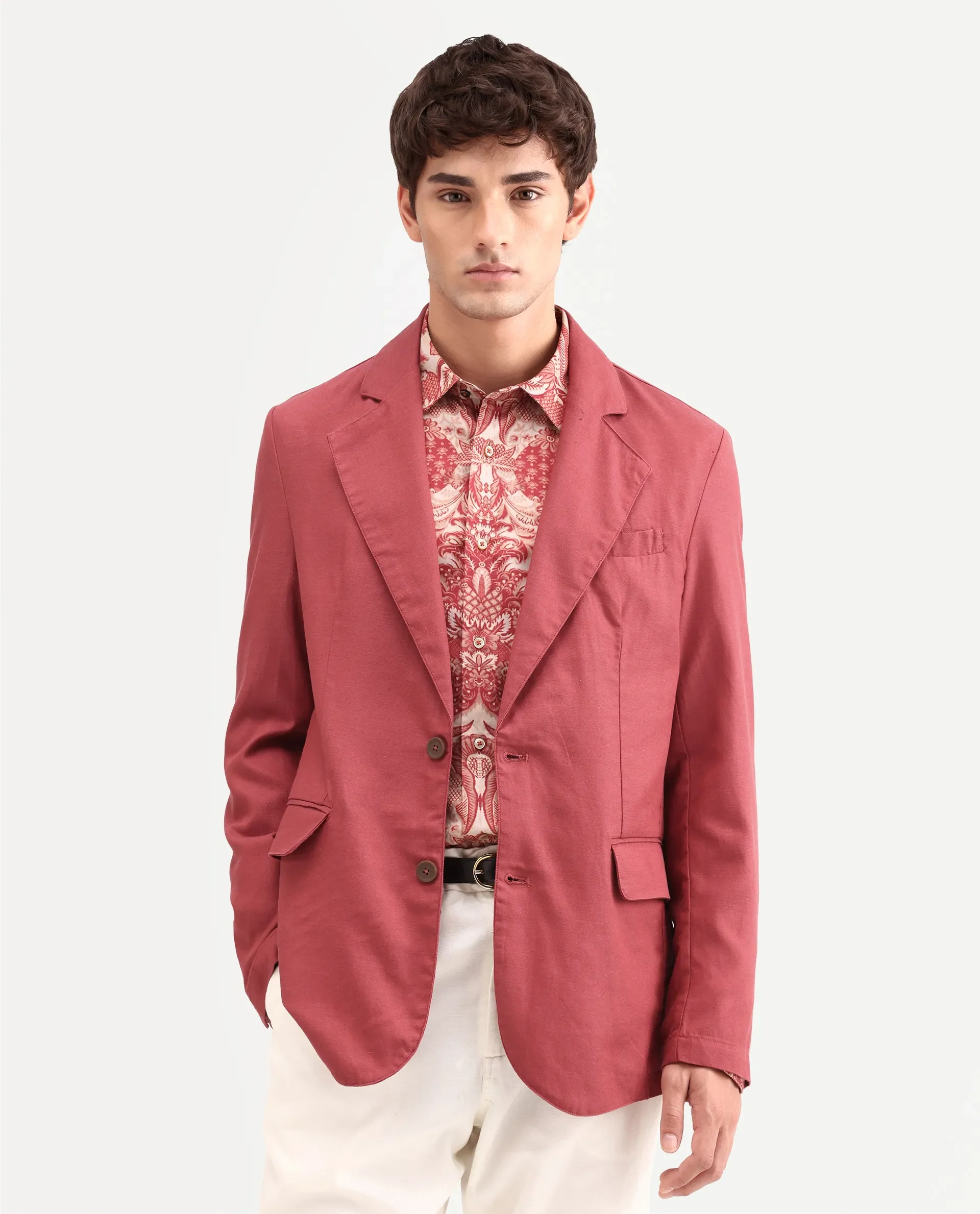 Rare Rabbit Men's Linol Red Linen Blend Fabric Lapel Neck Tailored Fit Plain Blazer - Image 4