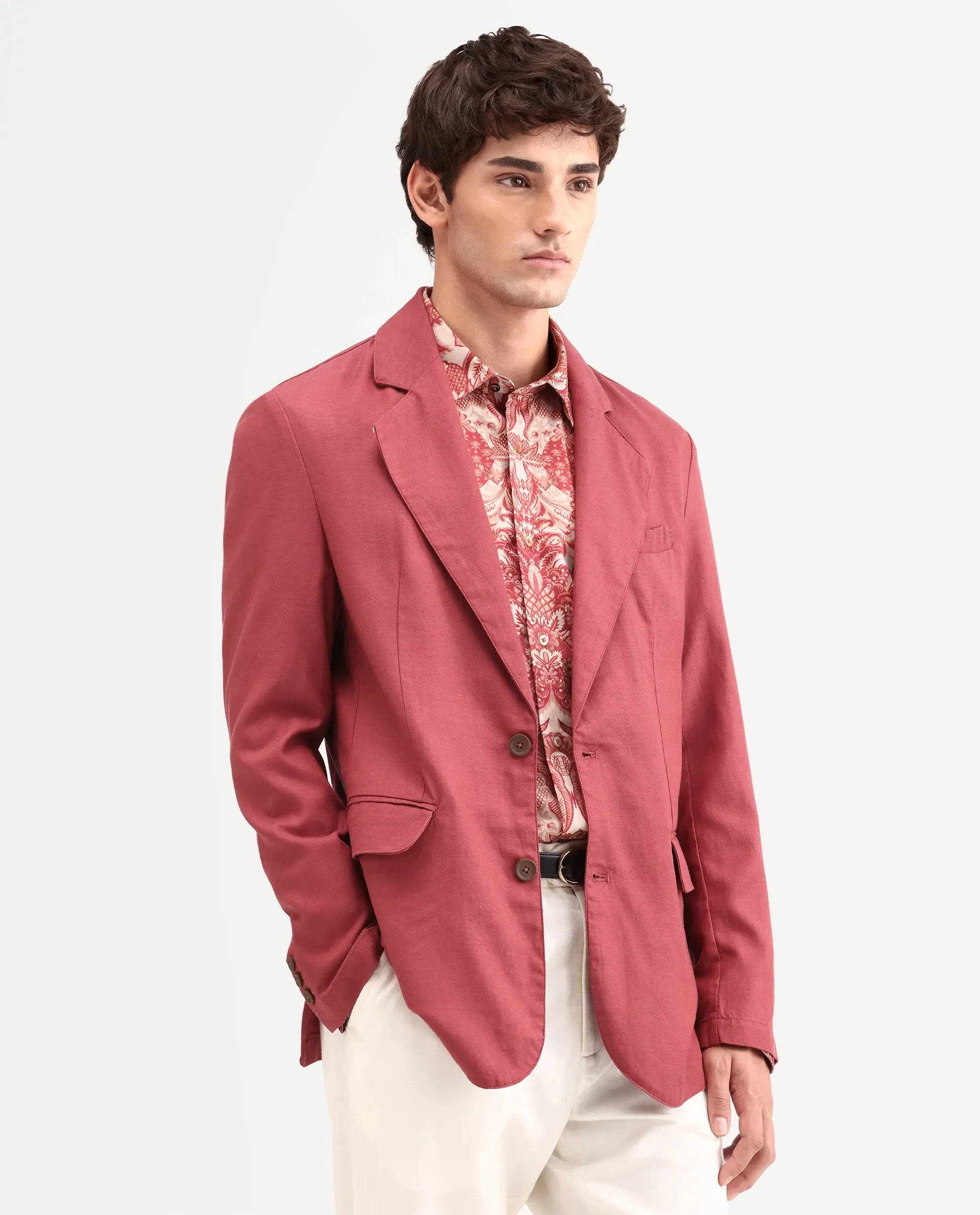Rare Rabbit Men's Linol Red Linen Blend Fabric Lapel Neck Tailored Fit Plain Blazer - Image 5