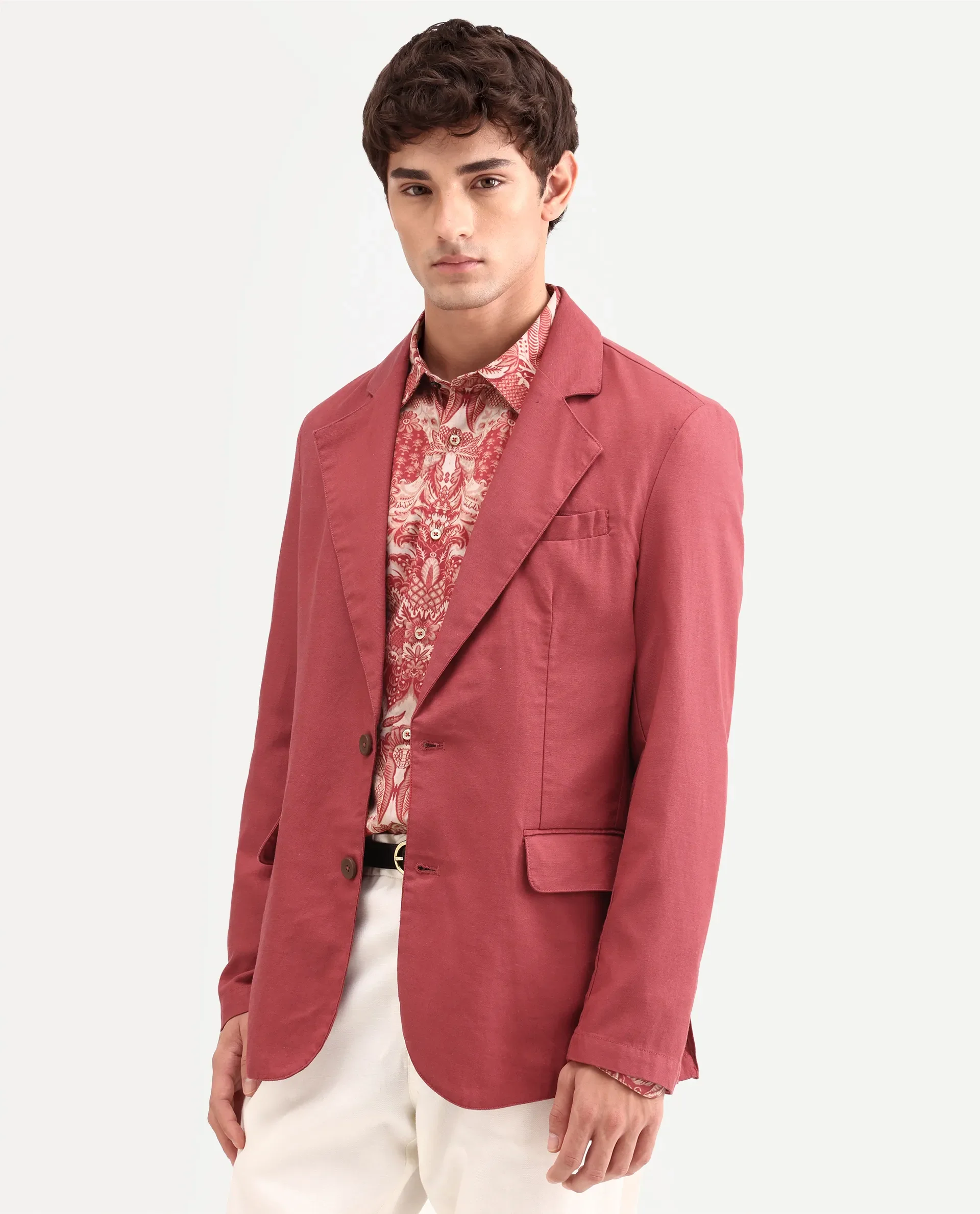 Rare Rabbit Men's Linol Red Linen Blend Fabric Lapel Neck Tailored Fit Plain Blazer - Image 6