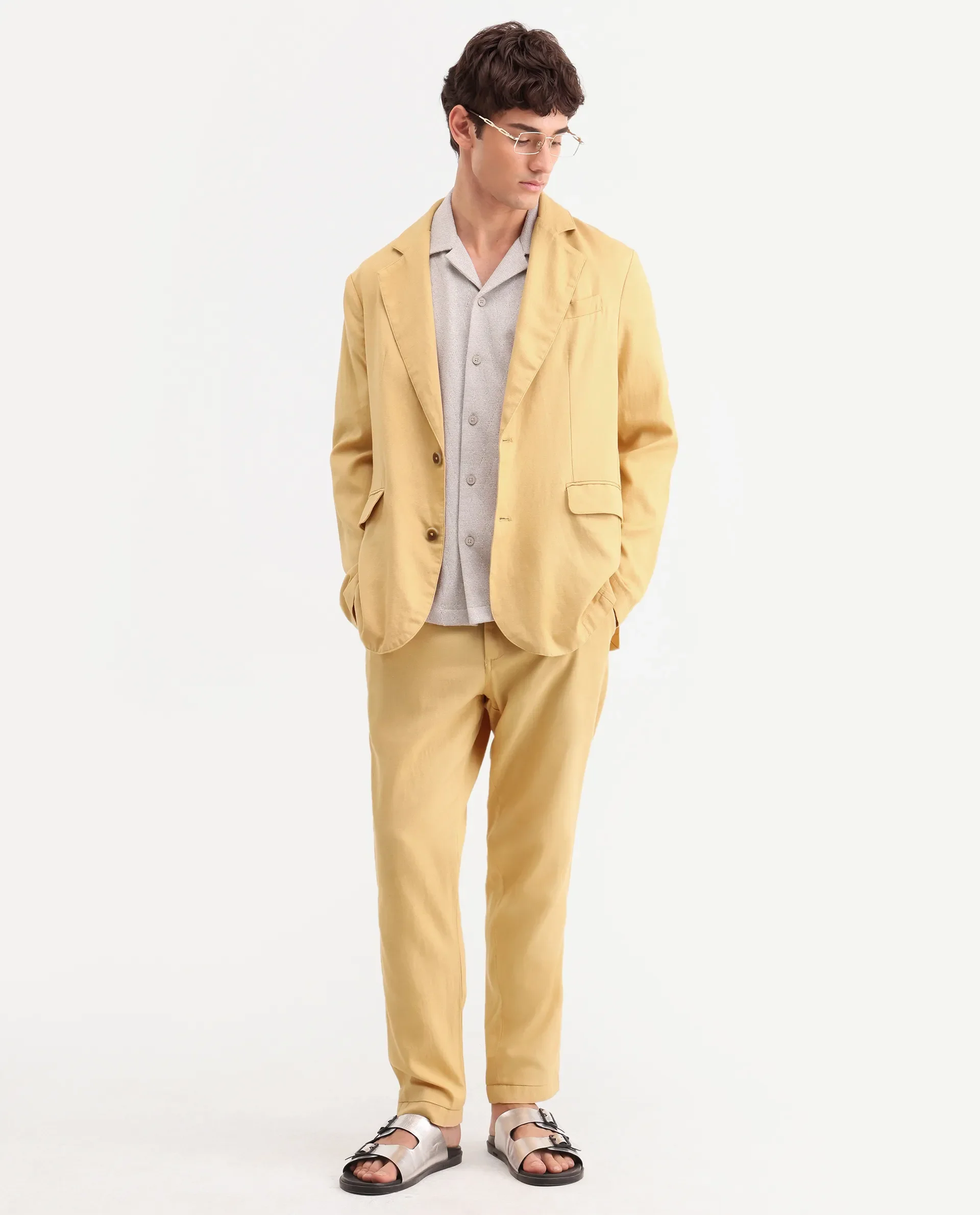 Rare Rabbit Men's Linol Yellow Linen Blend Fabric Lapel Neck Tailored Fit Plain Blazer - Image 2