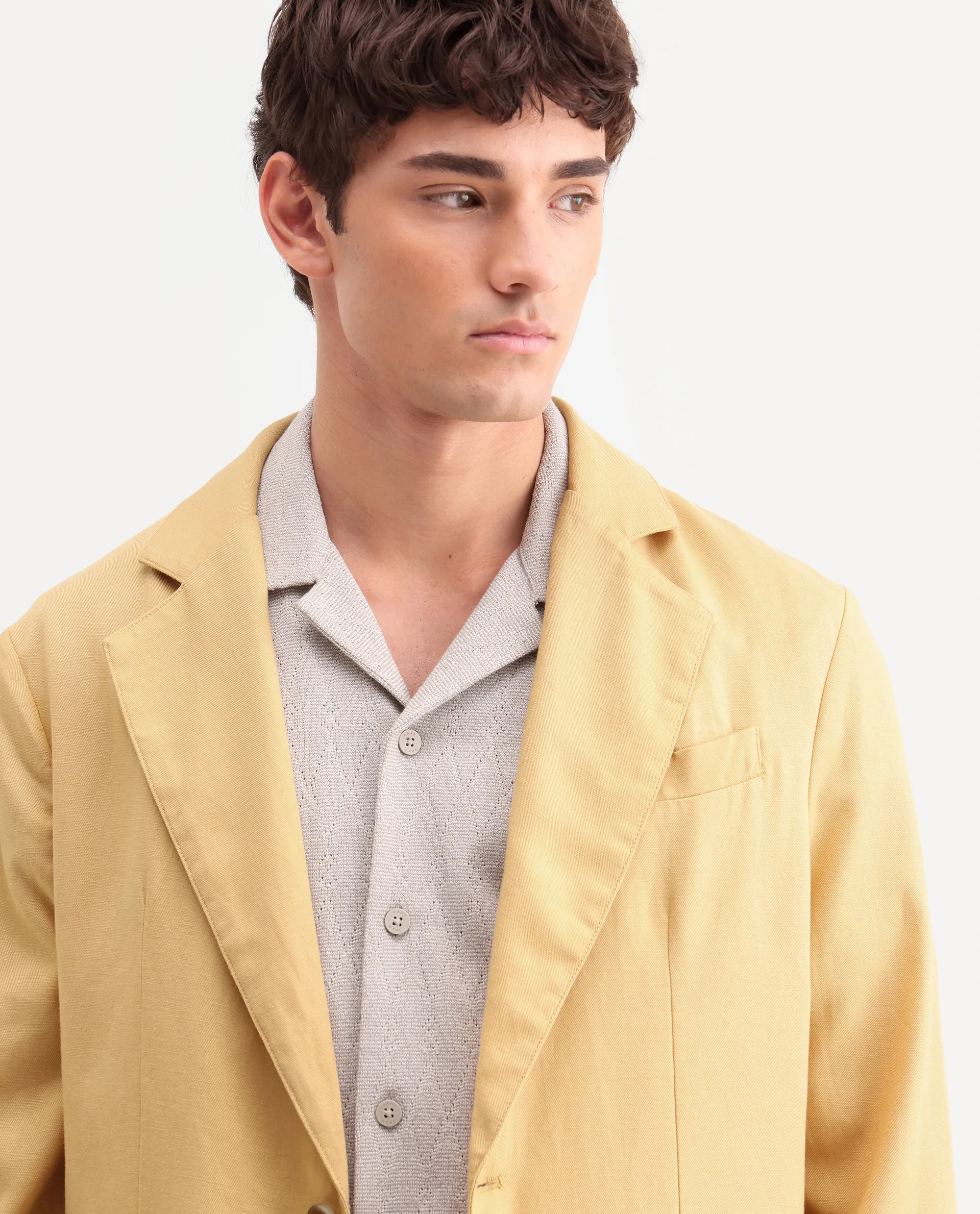 Rare Rabbit Men's Linol Yellow Linen Blend Fabric Lapel Neck Tailored Fit Plain Blazer - Image 3