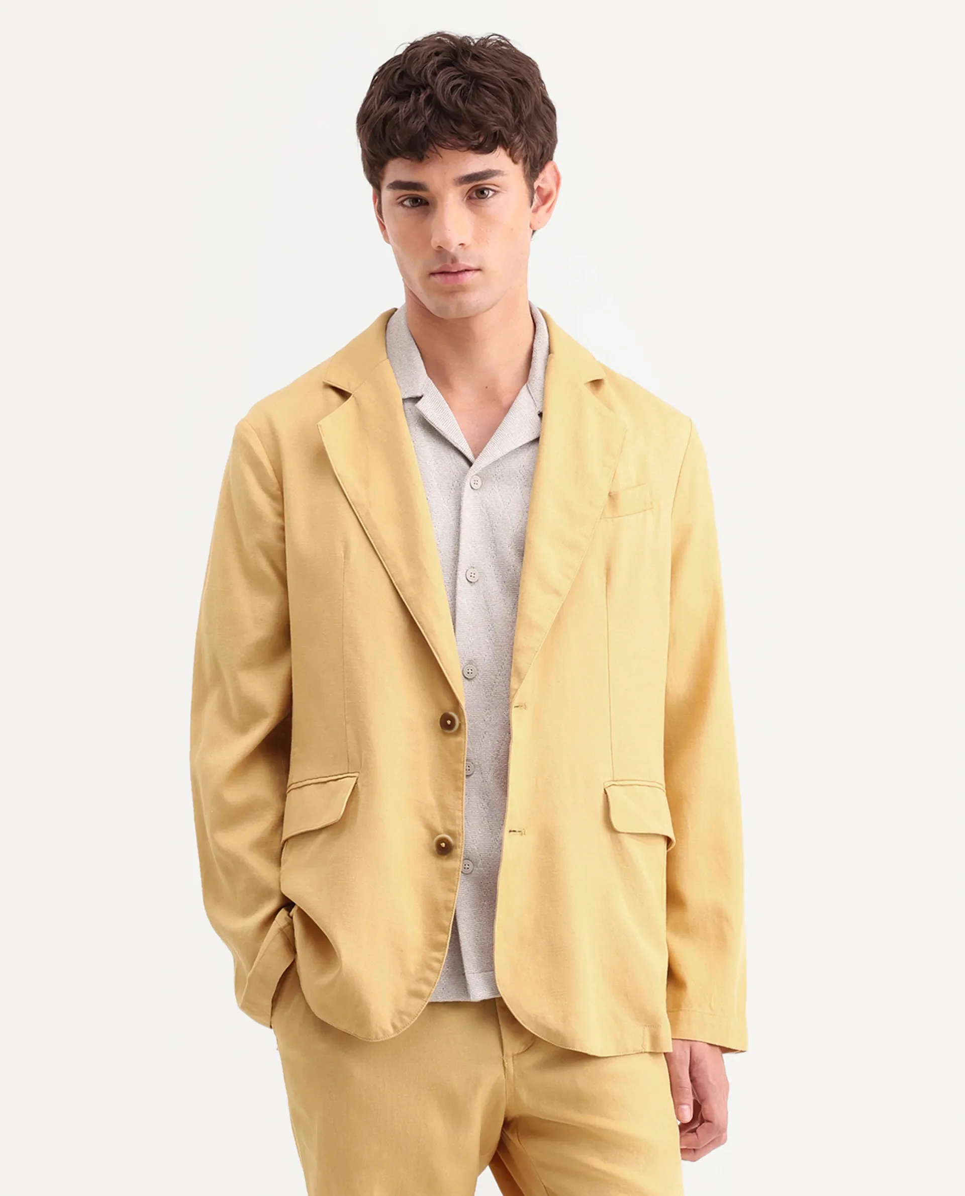 Rare Rabbit Men's Linol Yellow Linen Blend Fabric Lapel Neck Tailored Fit Plain Blazer - Image 4