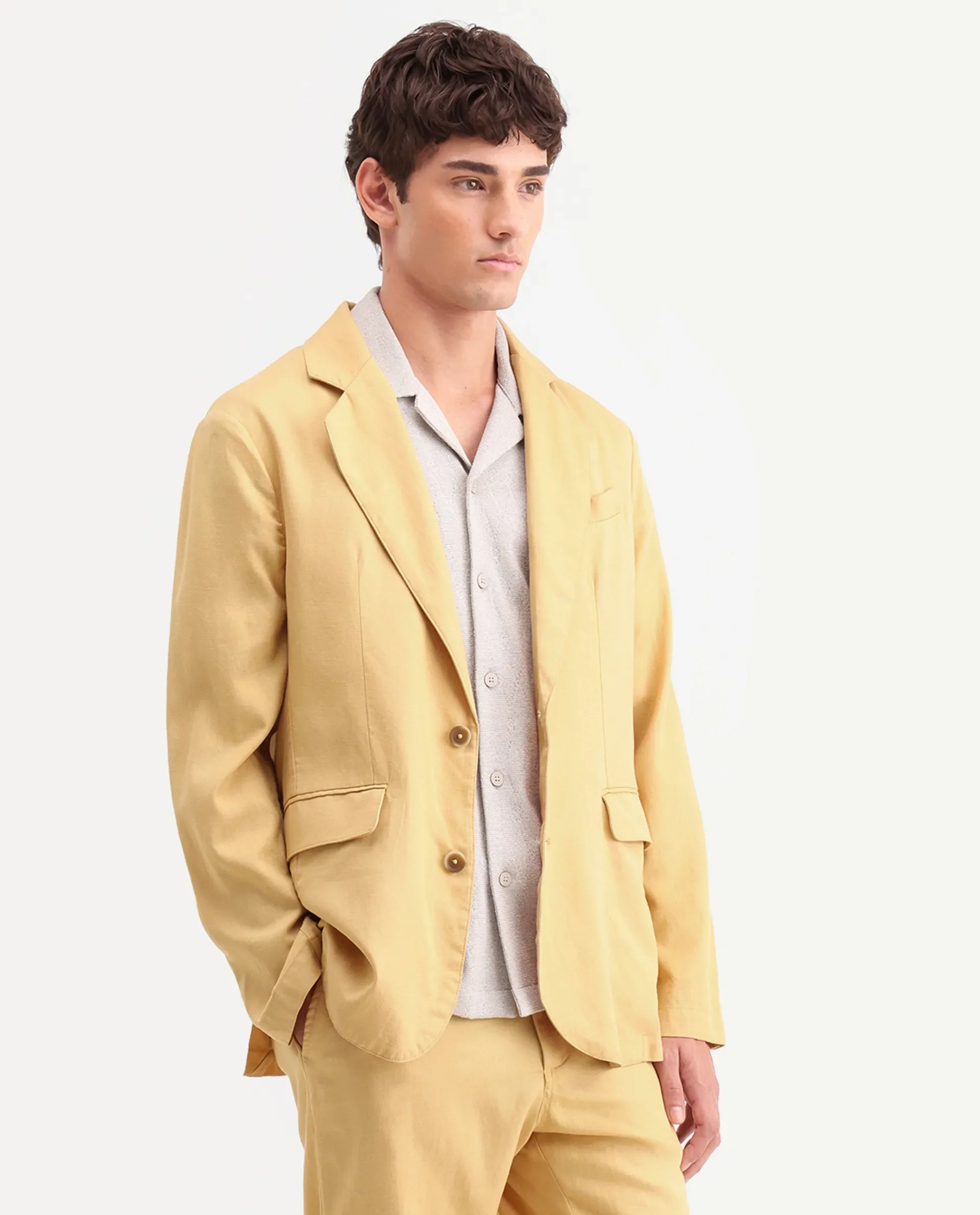 Rare Rabbit Men's Linol Yellow Linen Blend Fabric Lapel Neck Tailored Fit Plain Blazer - Image 5