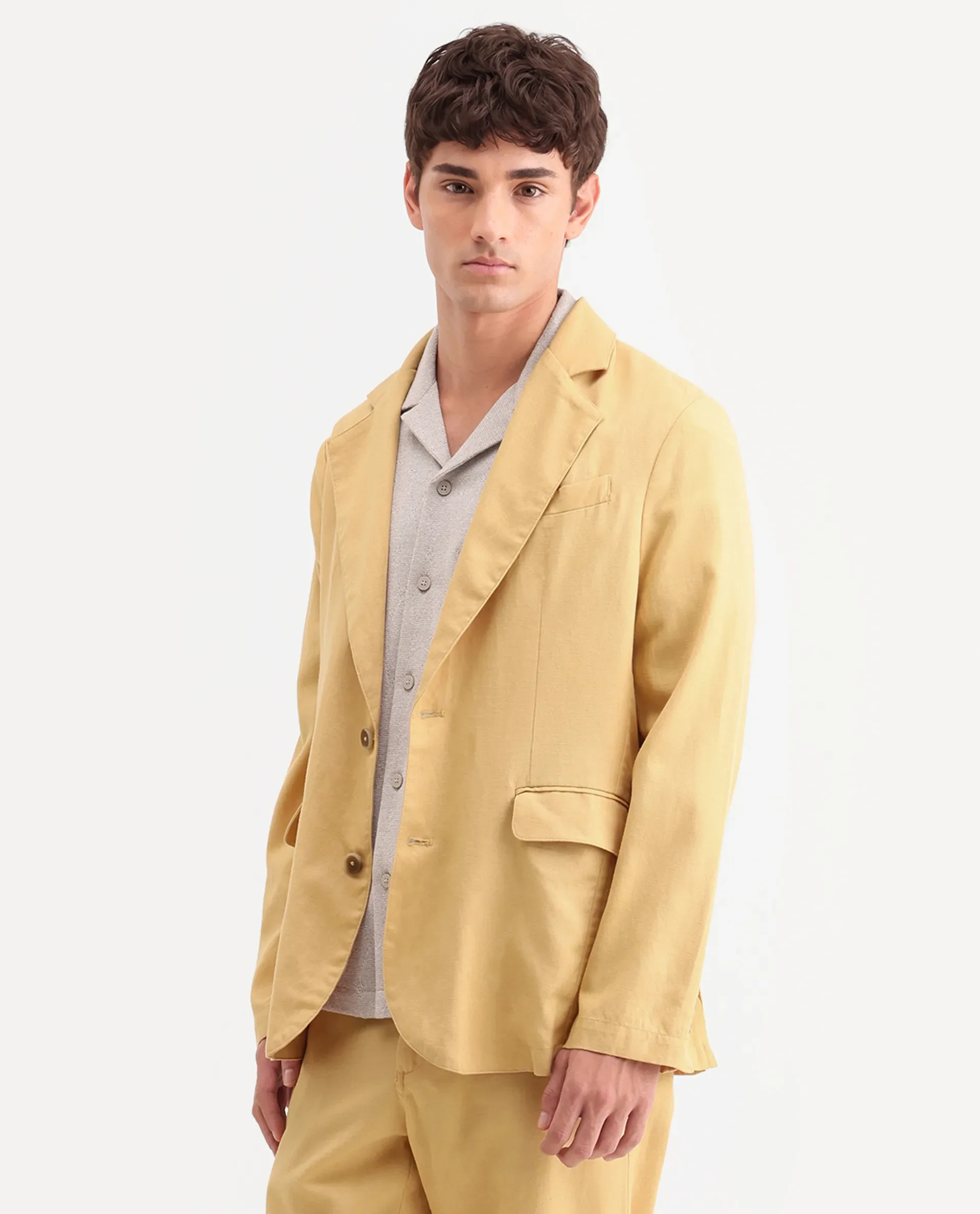 Rare Rabbit Men's Linol Yellow Linen Blend Fabric Lapel Neck Tailored Fit Plain Blazer - Image 6
