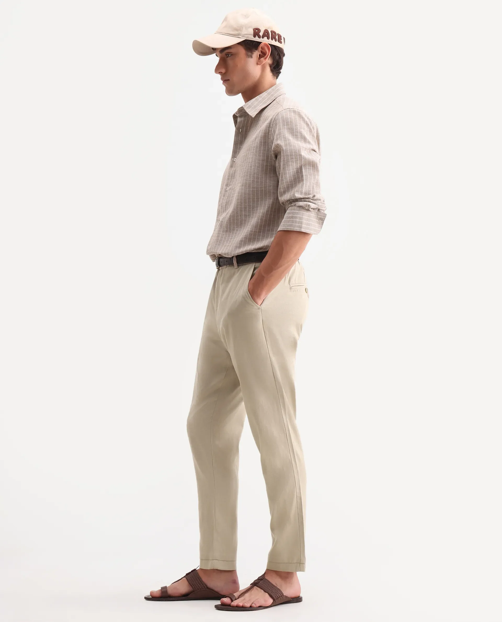 Rare Rabbit Men's Linol-T Beige Linen Blend Fabric Regular Fit Drawstring Plain Trouser
