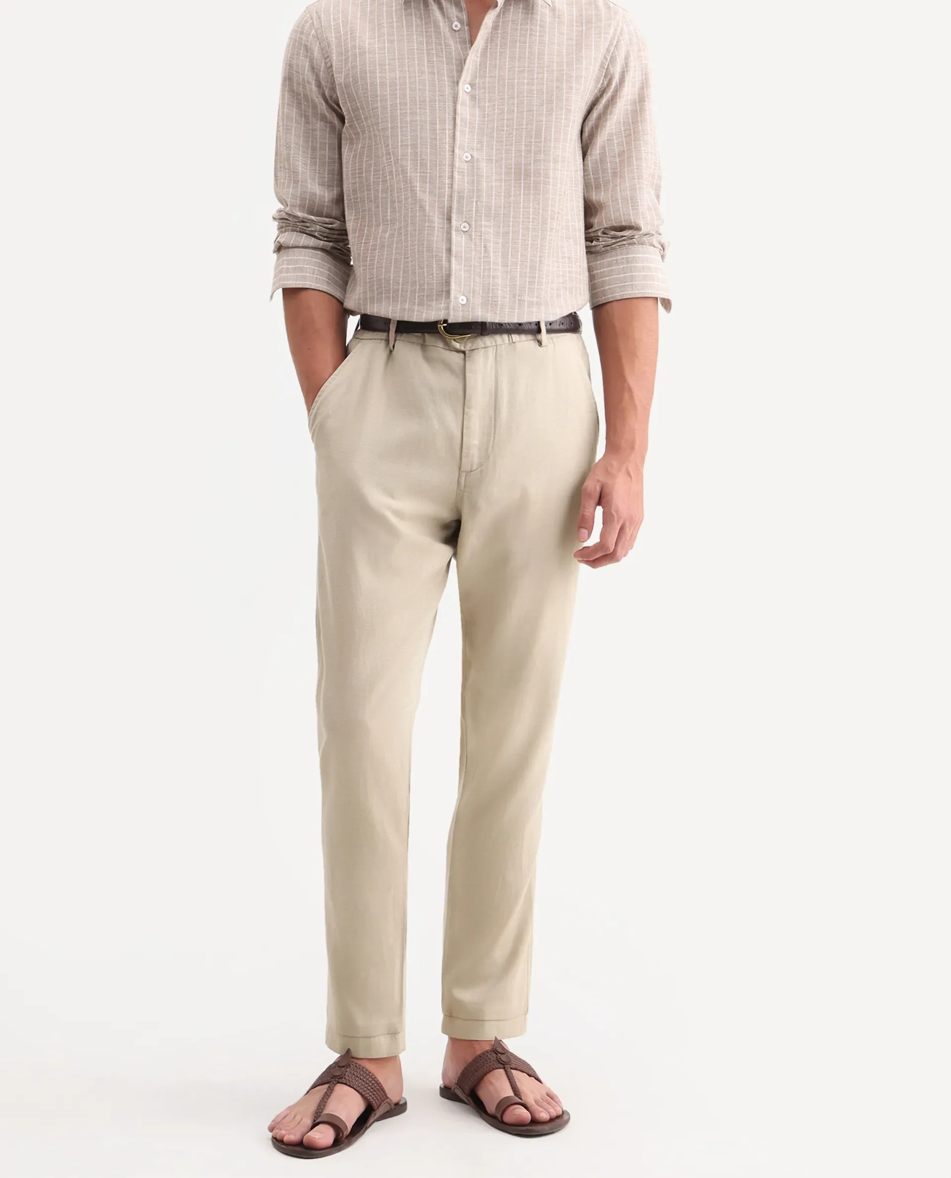 Rare Rabbit Men's Linol-T Beige Linen Blend Fabric Regular Fit Drawstring Plain Trouser - Image 2