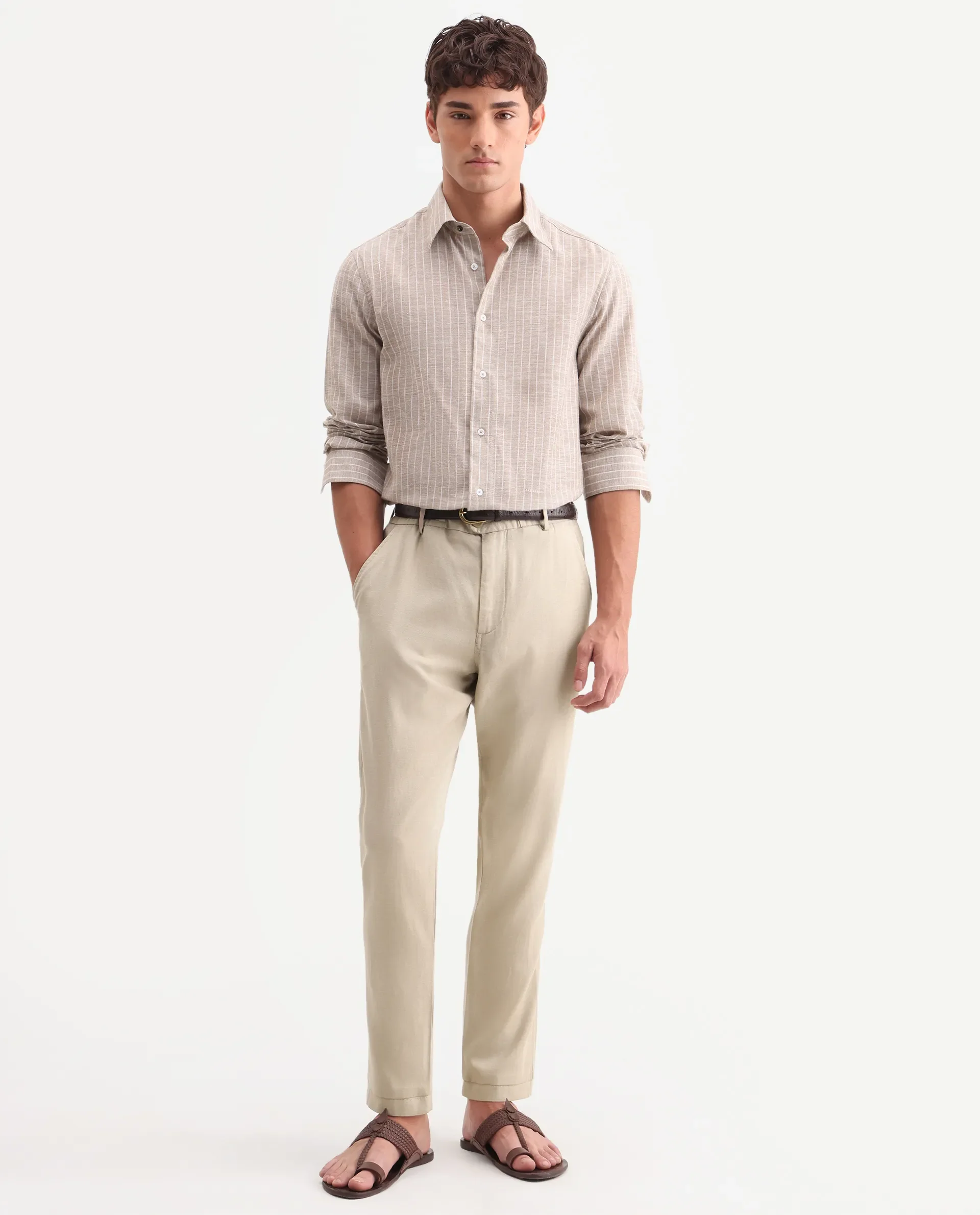 Rare Rabbit Men's Linol-T Beige Linen Blend Fabric Regular Fit Drawstring Plain Trouser - Image 3