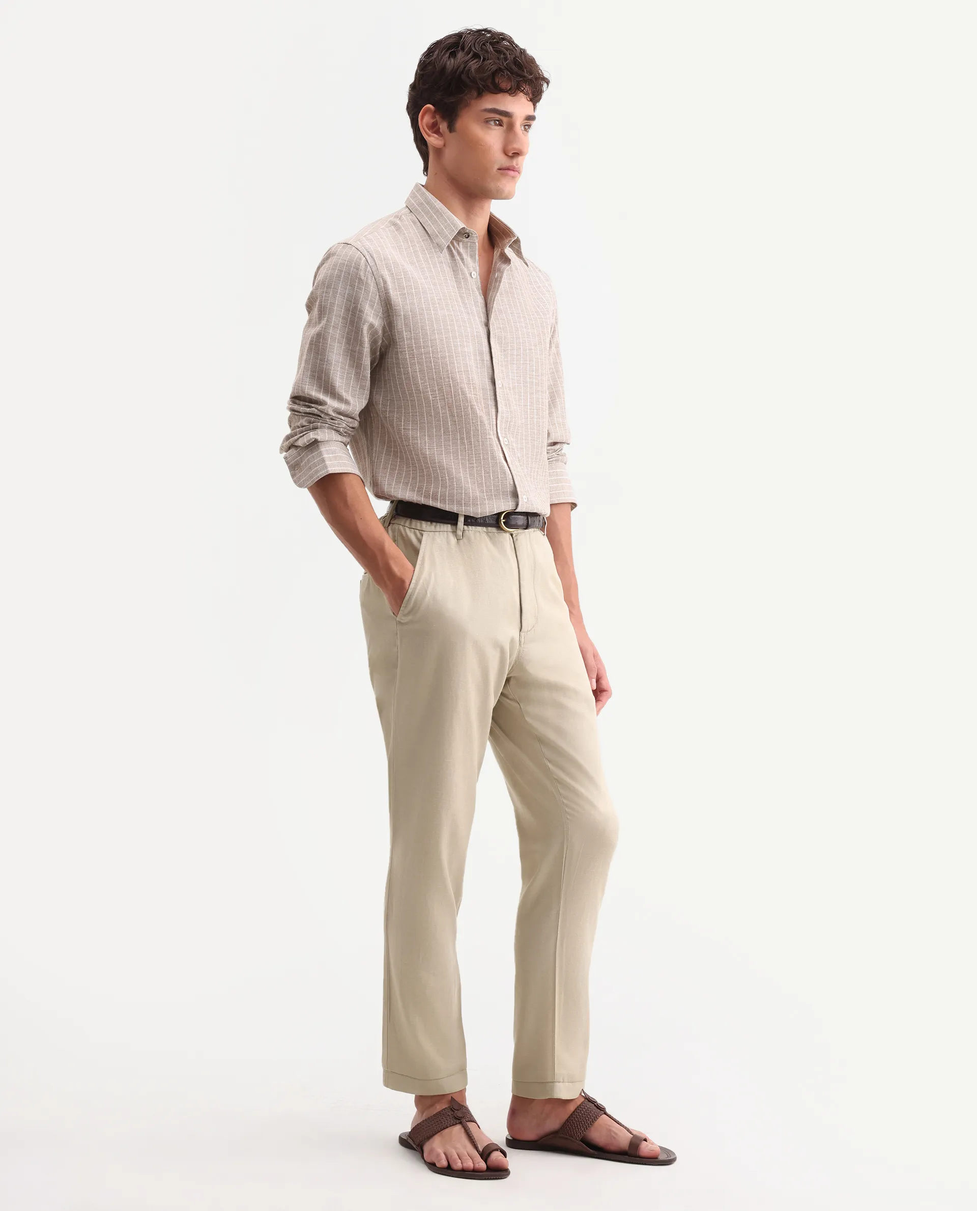 Rare Rabbit Men's Linol-T Beige Linen Blend Fabric Regular Fit Drawstring Plain Trouser - Image 4