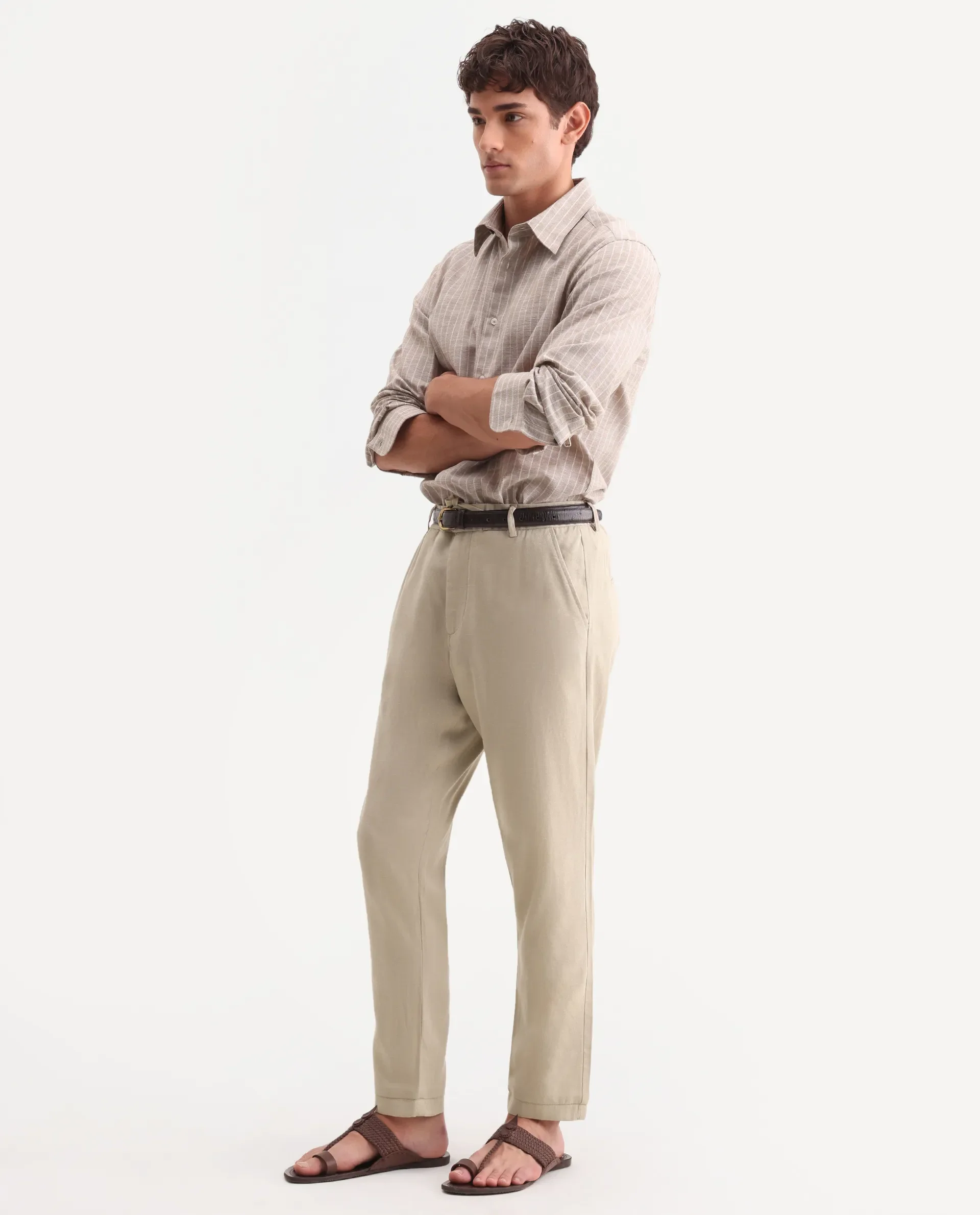 Rare Rabbit Men's Linol-T Beige Linen Blend Fabric Regular Fit Drawstring Plain Trouser - Image 5
