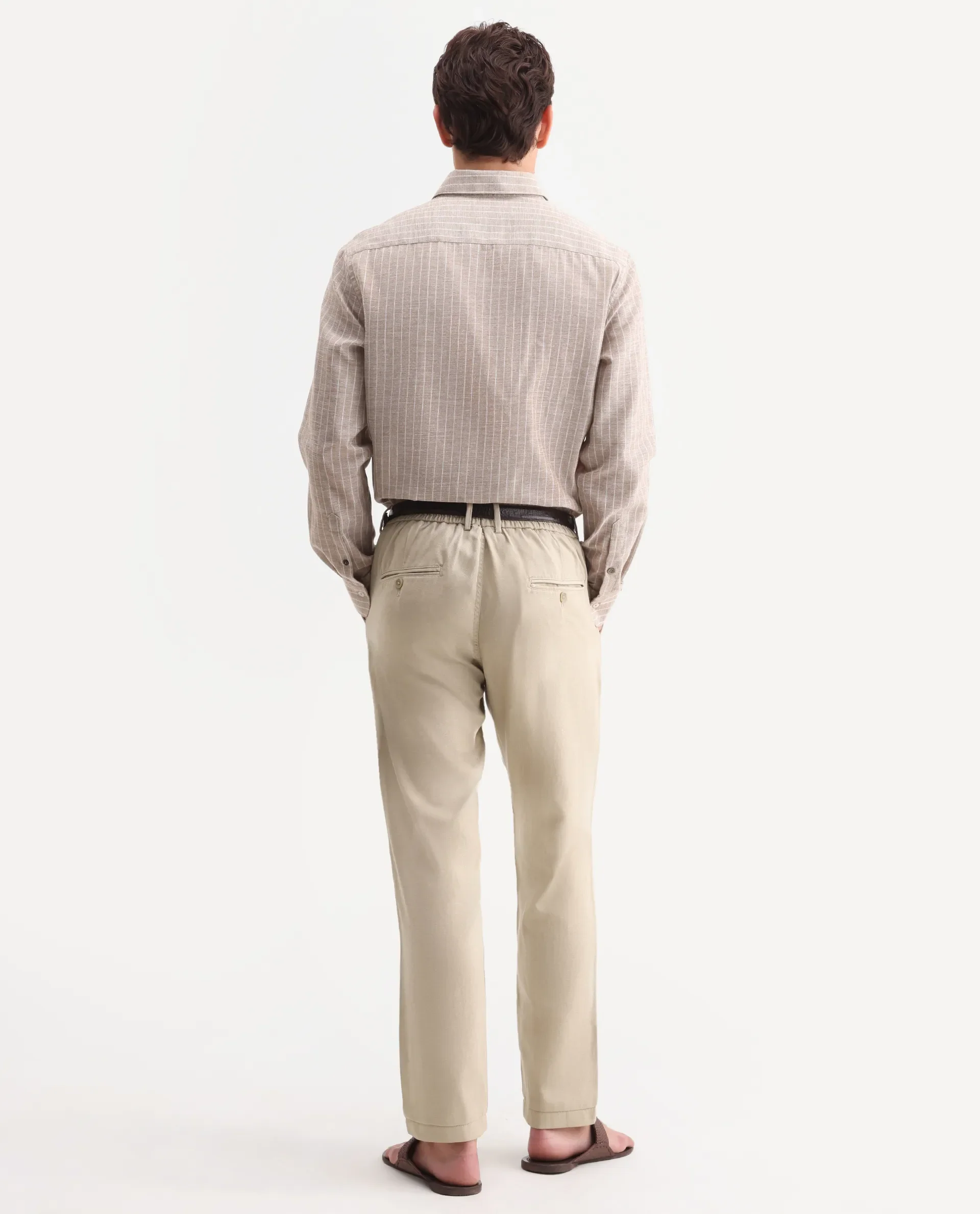 Rare Rabbit Men's Linol-T Beige Linen Blend Fabric Regular Fit Drawstring Plain Trouser - Image 6