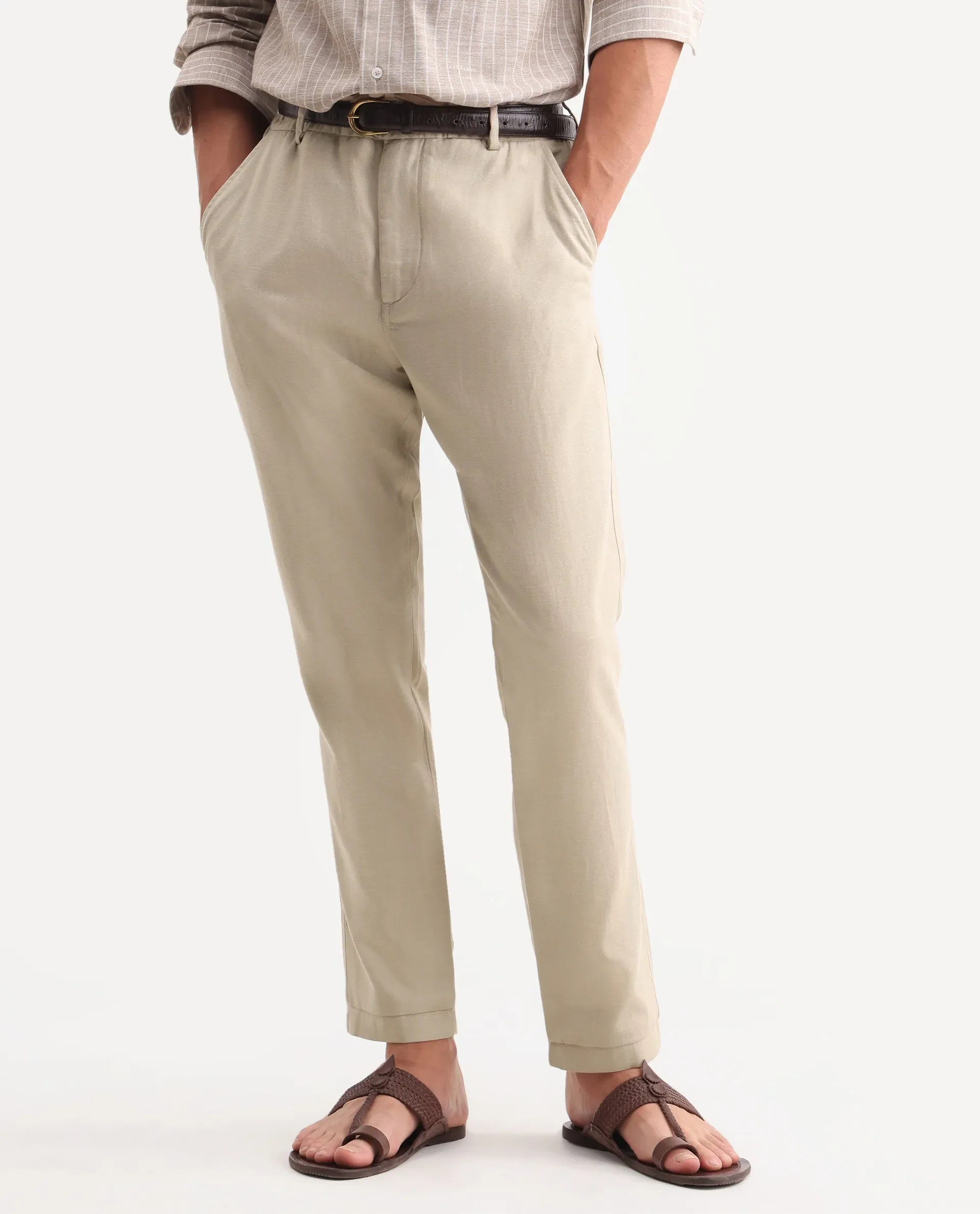 Rare Rabbit Men's Linol-T Beige Linen Blend Fabric Regular Fit Drawstring Plain Trouser - Image 7