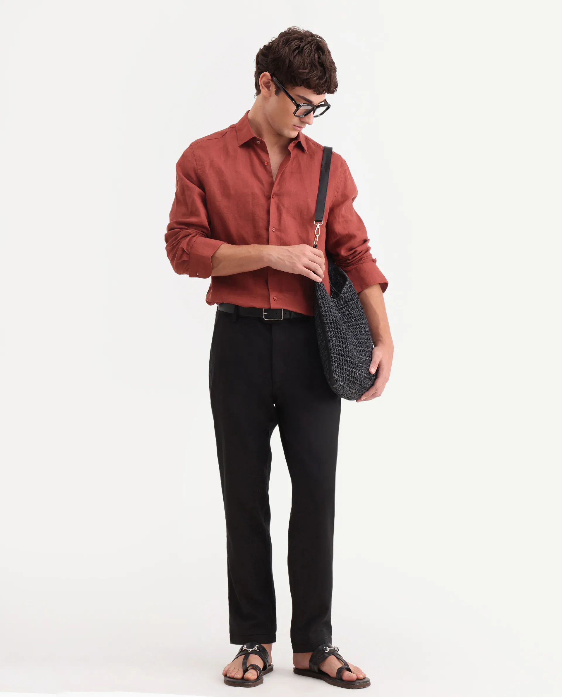 Rare Rabbit Men's Linol-T Black Linen Blend Fabric Regular Fit Drawstring Plain Trouser