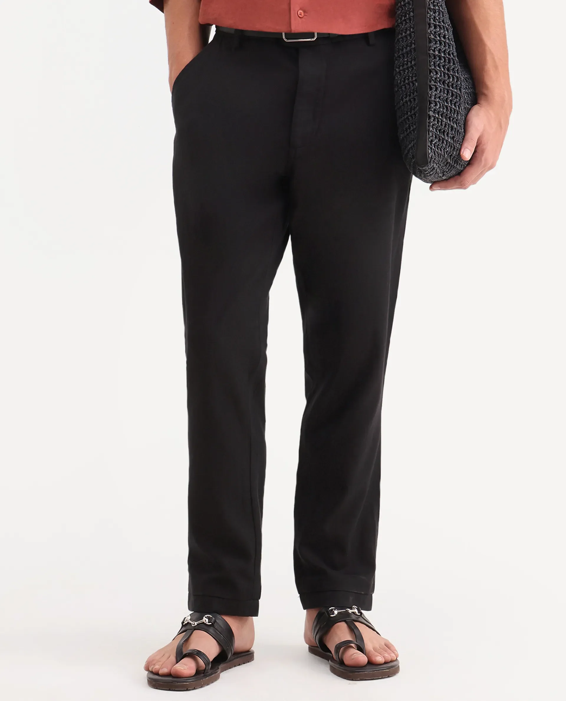 Rare Rabbit Men's Linol-T Black Linen Blend Fabric Regular Fit Drawstring Plain Trouser - Image 8
