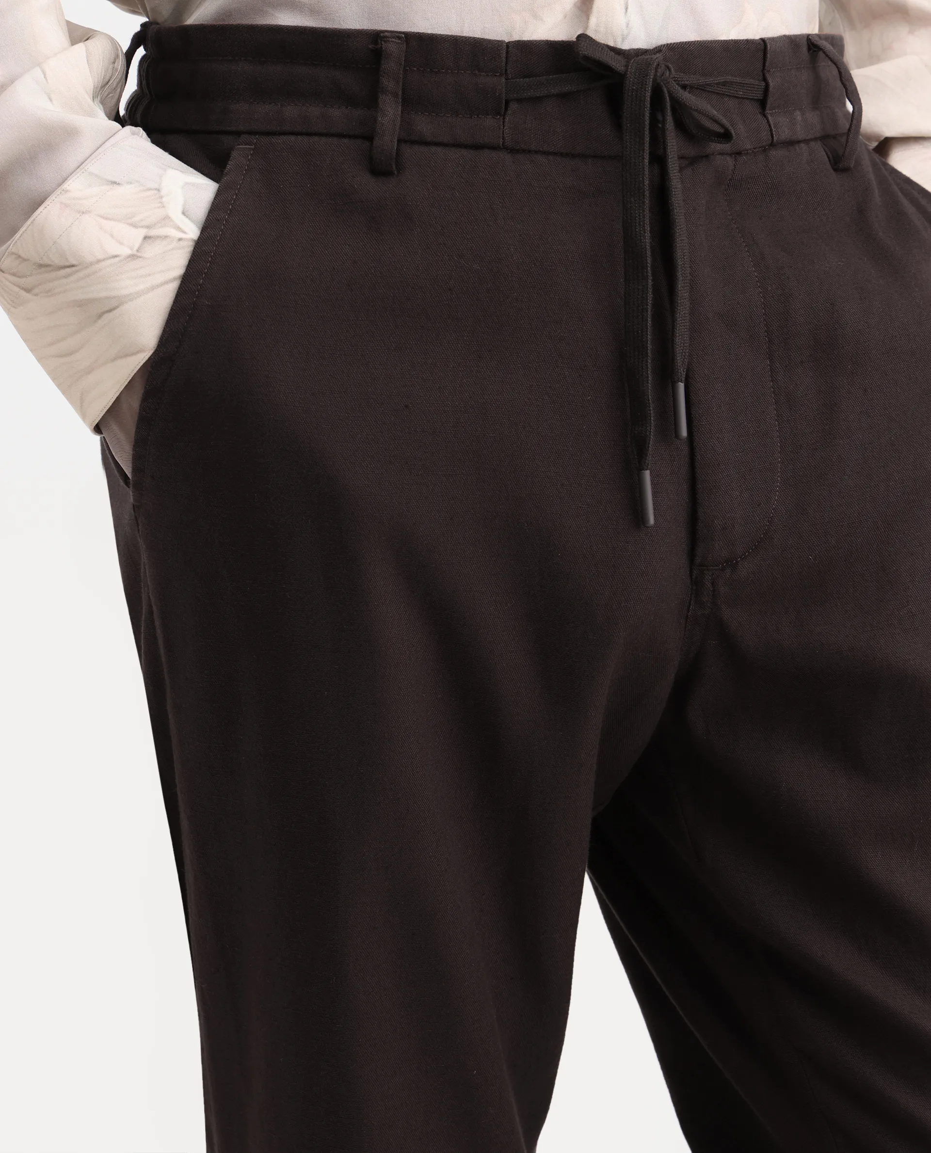 Rare Rabbit Men's Linol-T Dark Brown Linen Blend Fabric Regular Fit Drawstring Plain Trouser - Image 3