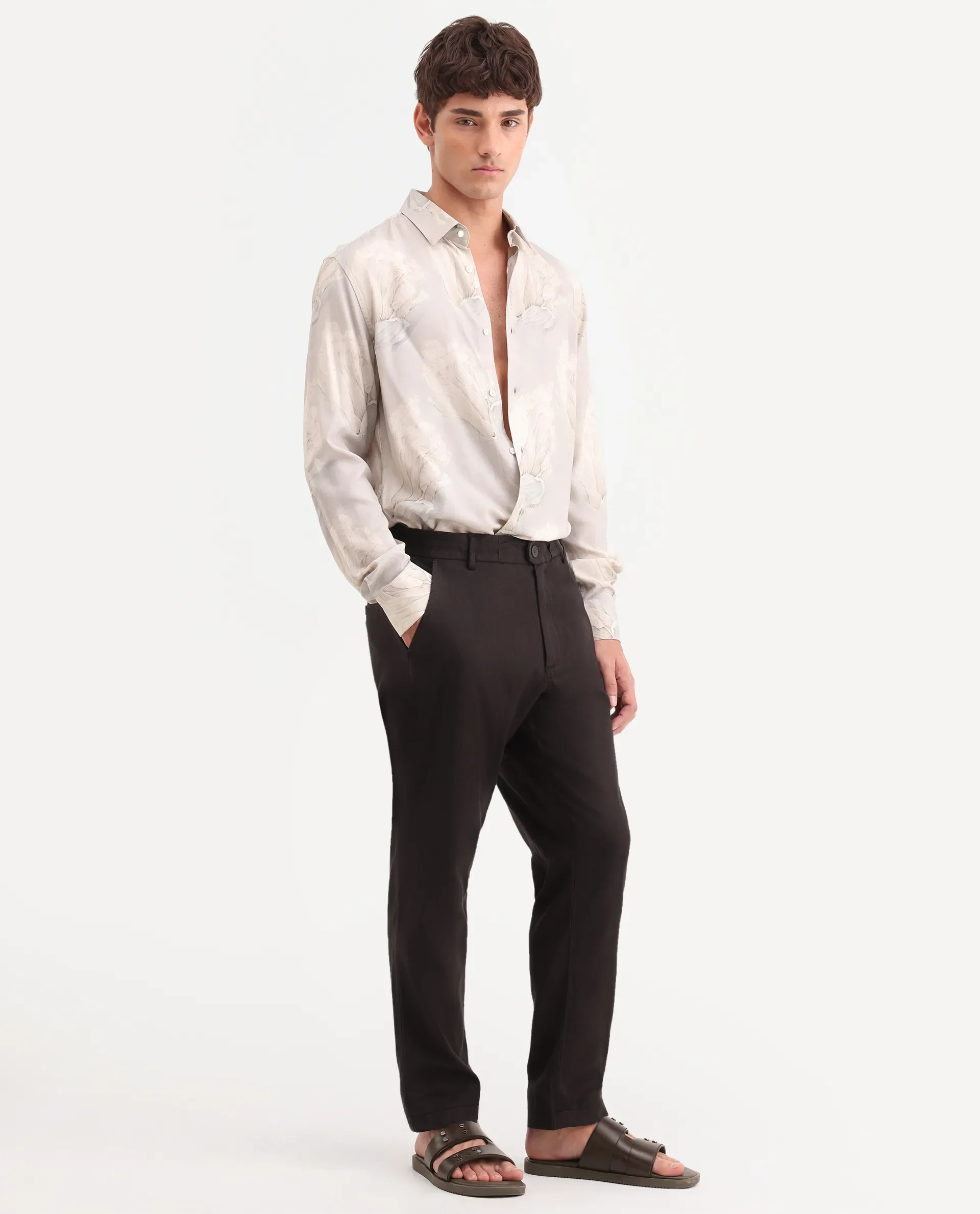 Rare Rabbit Men's Linol-T Dark Brown Linen Blend Fabric Regular Fit Drawstring Plain Trouser - Image 5