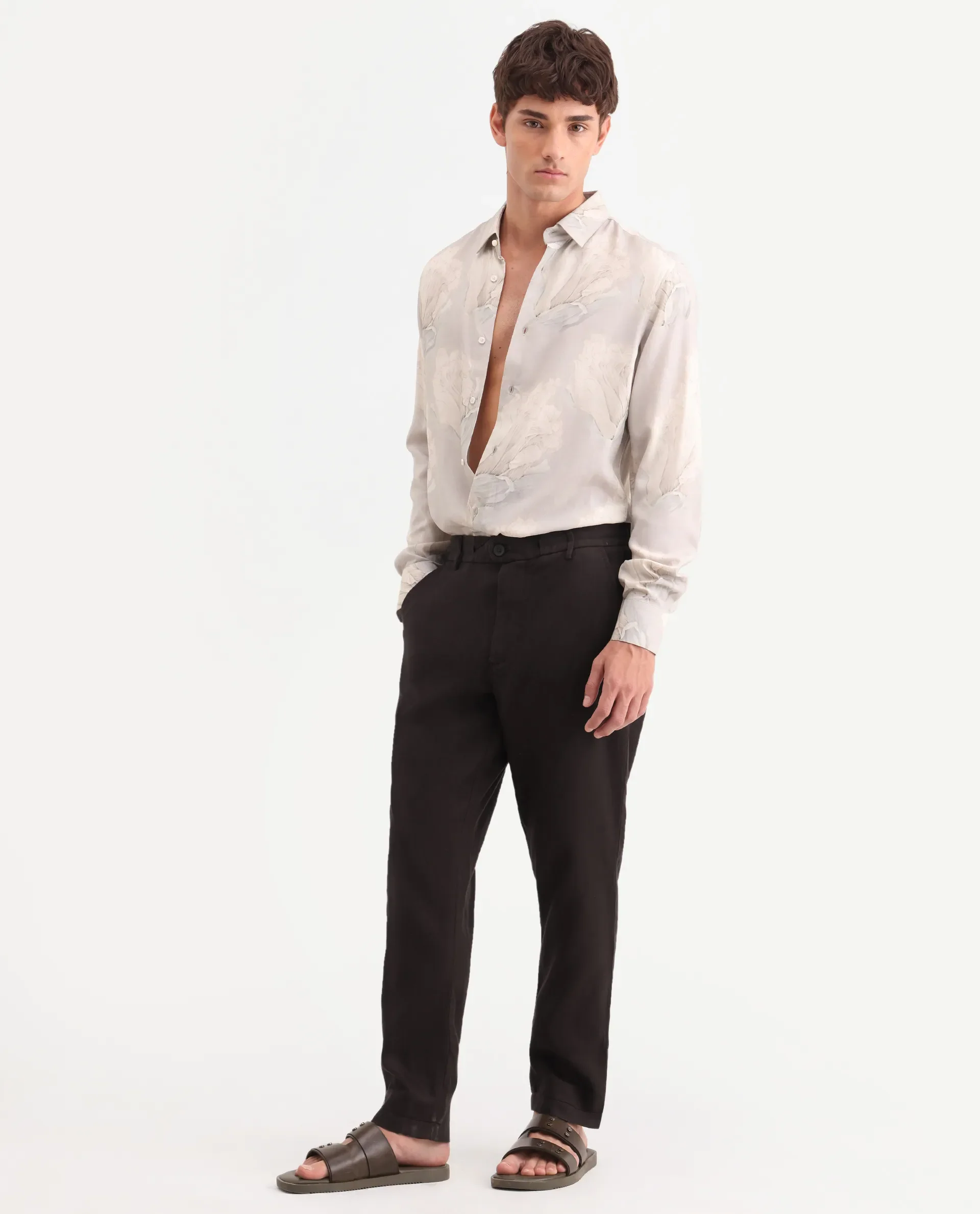 Rare Rabbit Men's Linol-T Dark Brown Linen Blend Fabric Regular Fit Drawstring Plain Trouser - Image 6