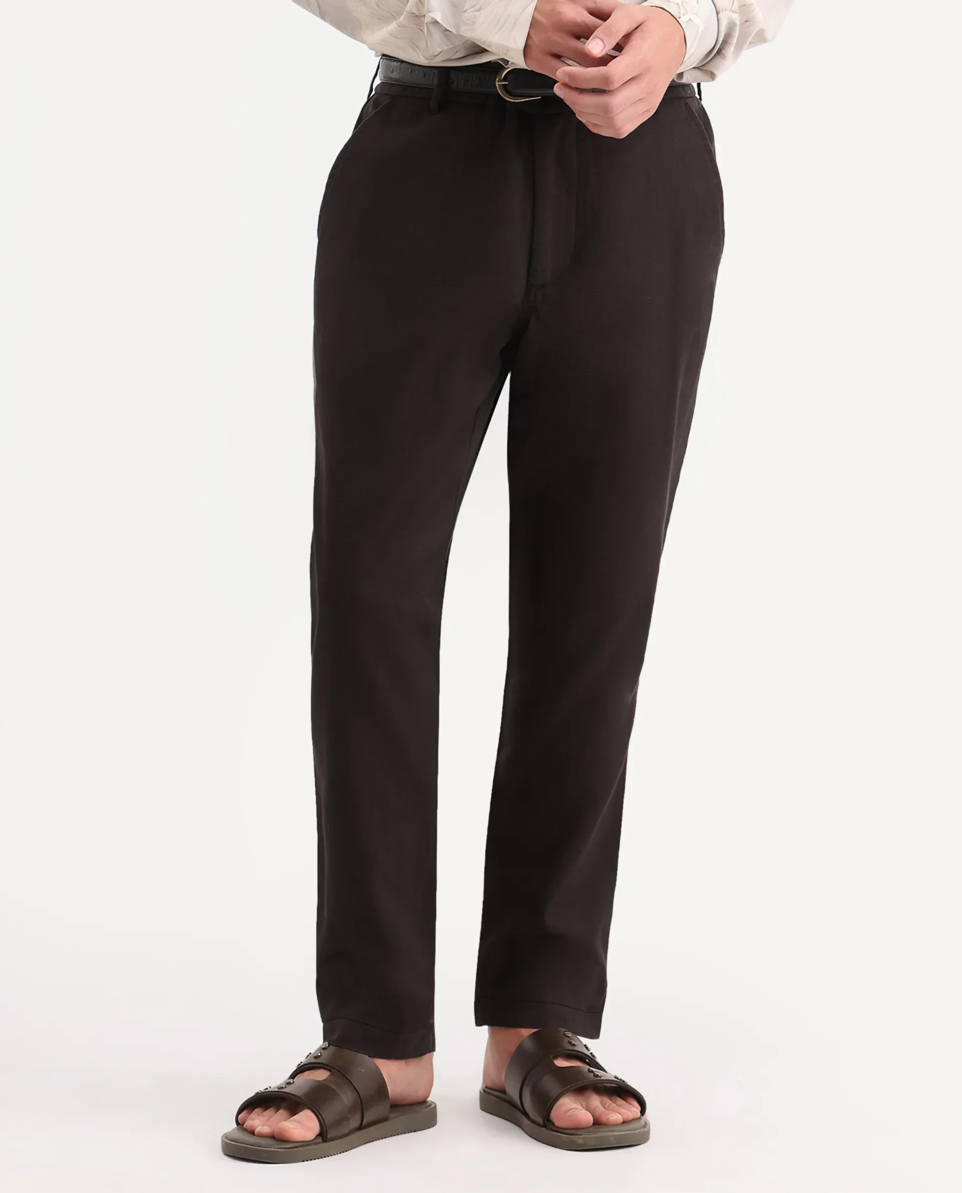Rare Rabbit Men's Linol-T Dark Brown Linen Blend Fabric Regular Fit Drawstring Plain Trouser - Image 8