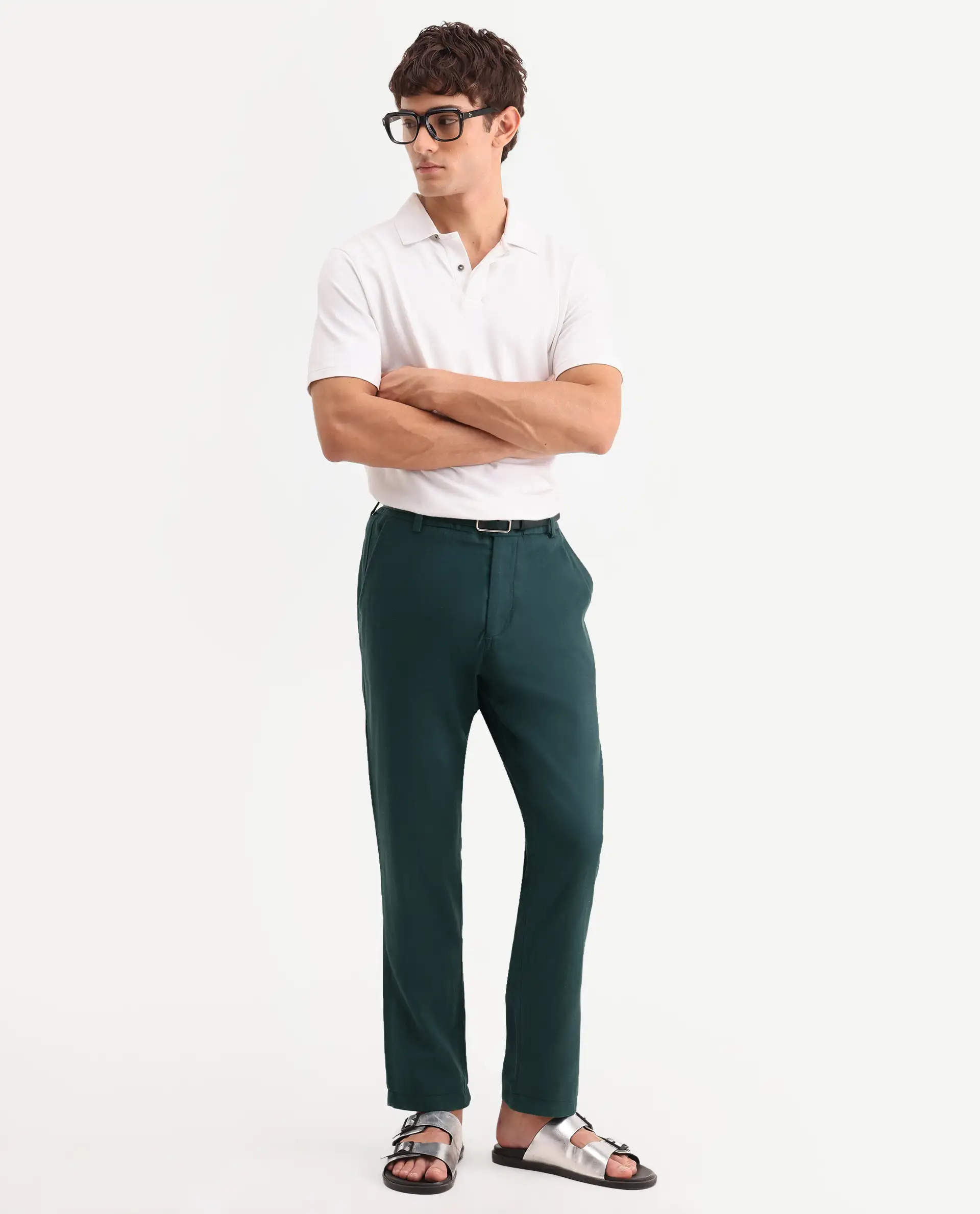 Rare Rabbit Men's Linol-T Dark Green Linen Blend Fabric Regular Fit Drawstring Plain Trouser