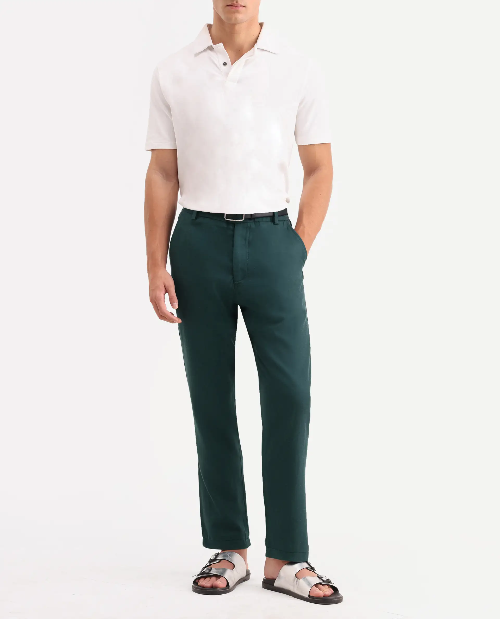 Rare Rabbit Men's Linol-T Dark Green Linen Blend Fabric Regular Fit Drawstring Plain Trouser - Image 2