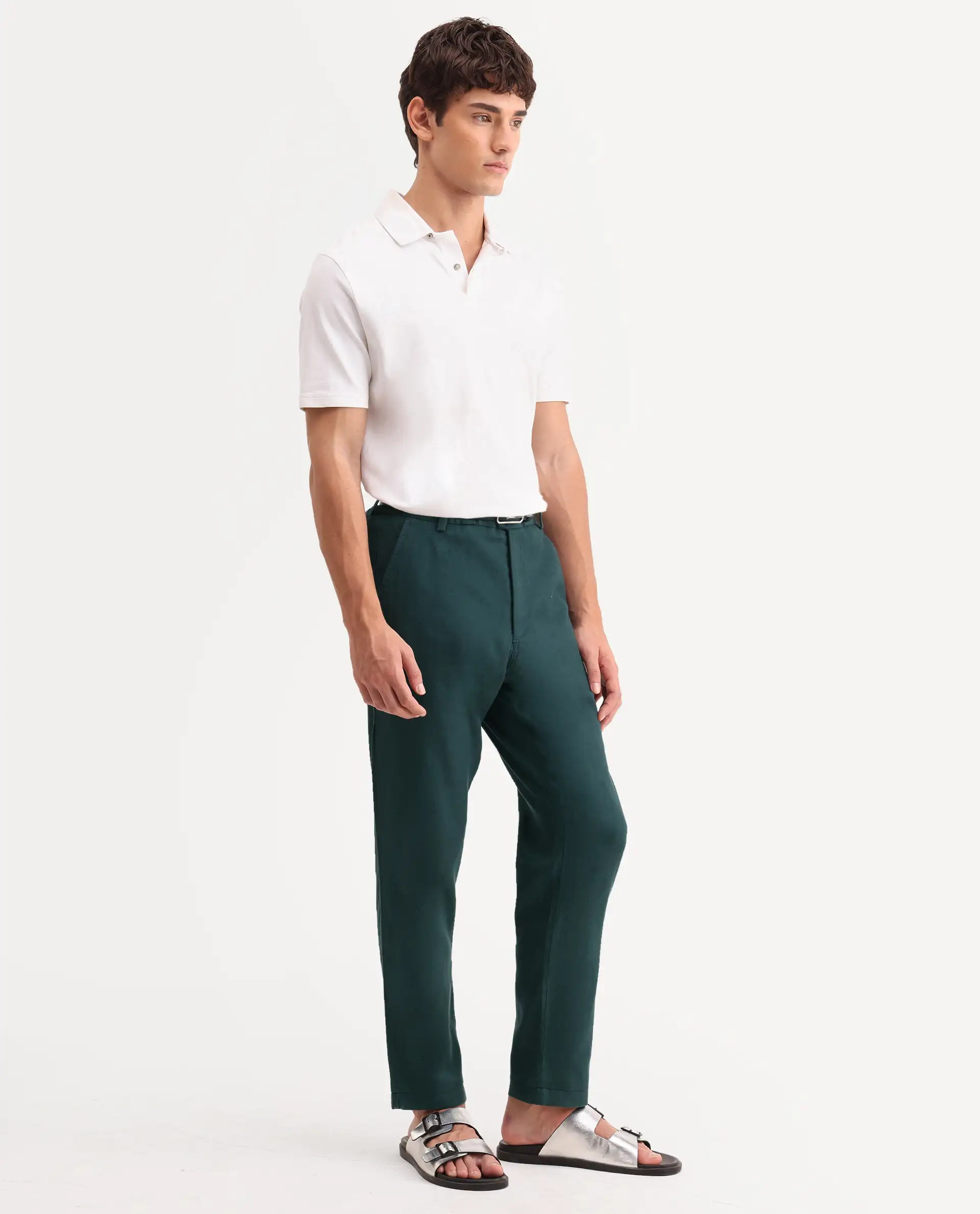 Rare Rabbit Men's Linol-T Dark Green Linen Blend Fabric Regular Fit Drawstring Plain Trouser - Image 5
