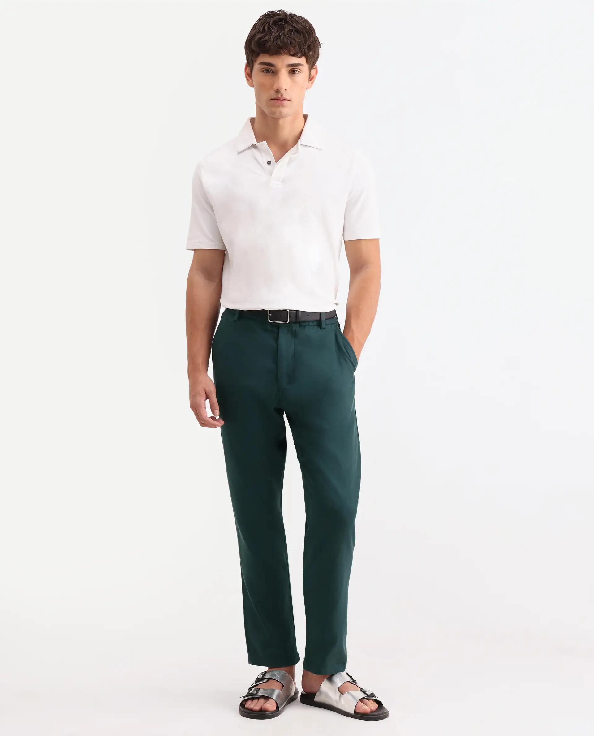 Rare Rabbit Men's Linol-T Dark Green Linen Blend Fabric Regular Fit Drawstring Plain Trouser - Image 6