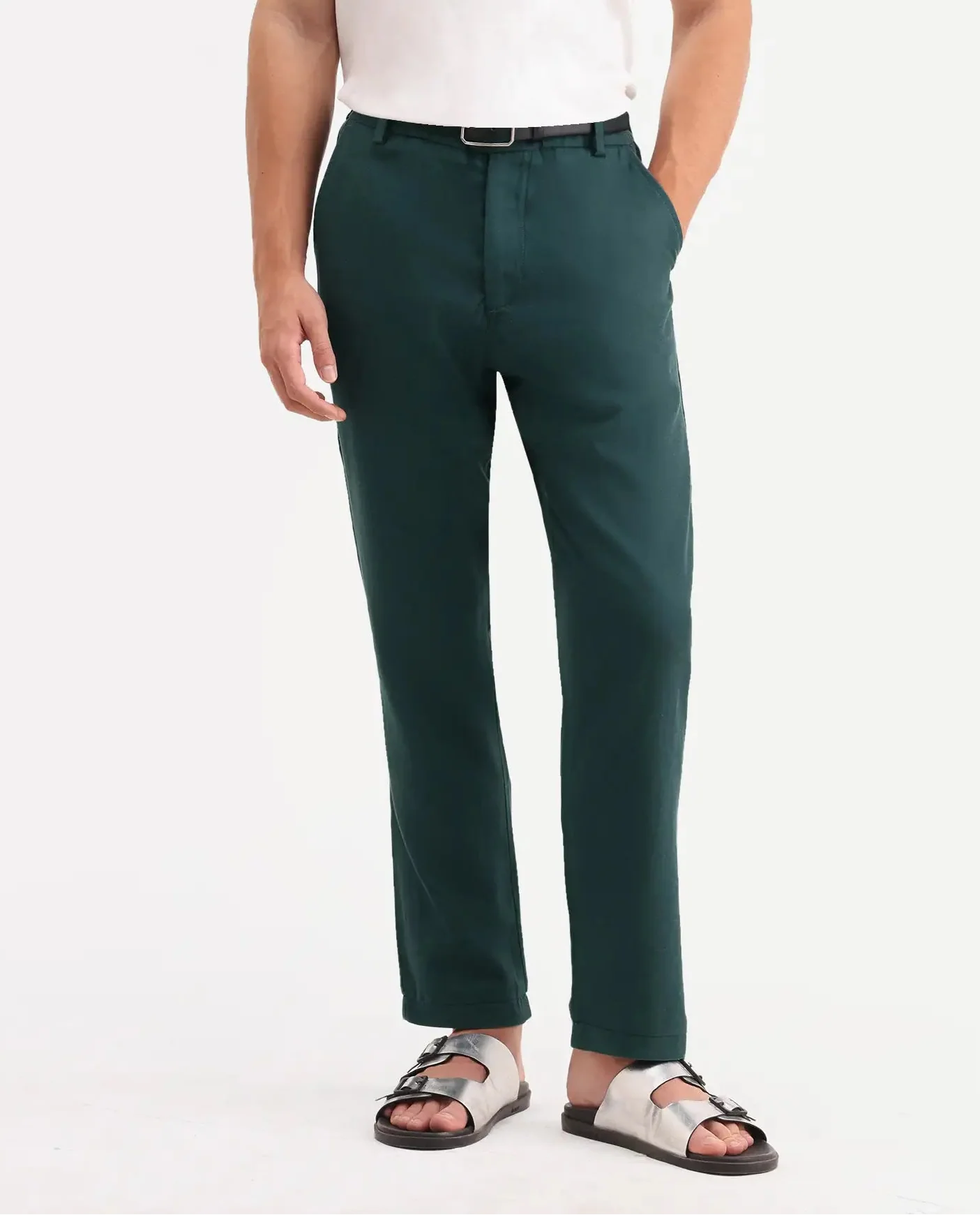 Rare Rabbit Men's Linol-T Dark Green Linen Blend Fabric Regular Fit Drawstring Plain Trouser - Image 8