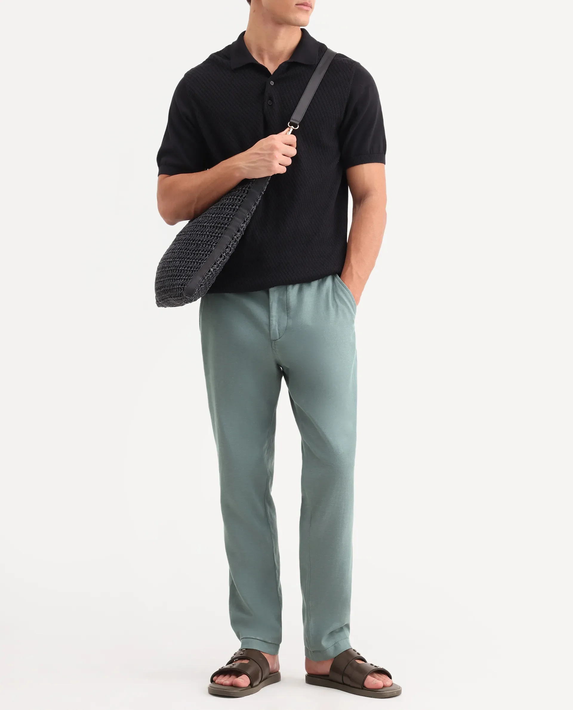 Rare Rabbit Men's Linol-T Dusky Green Linen Blend Fabric Regular Fit Drawstring Plain Trouser - Image 2