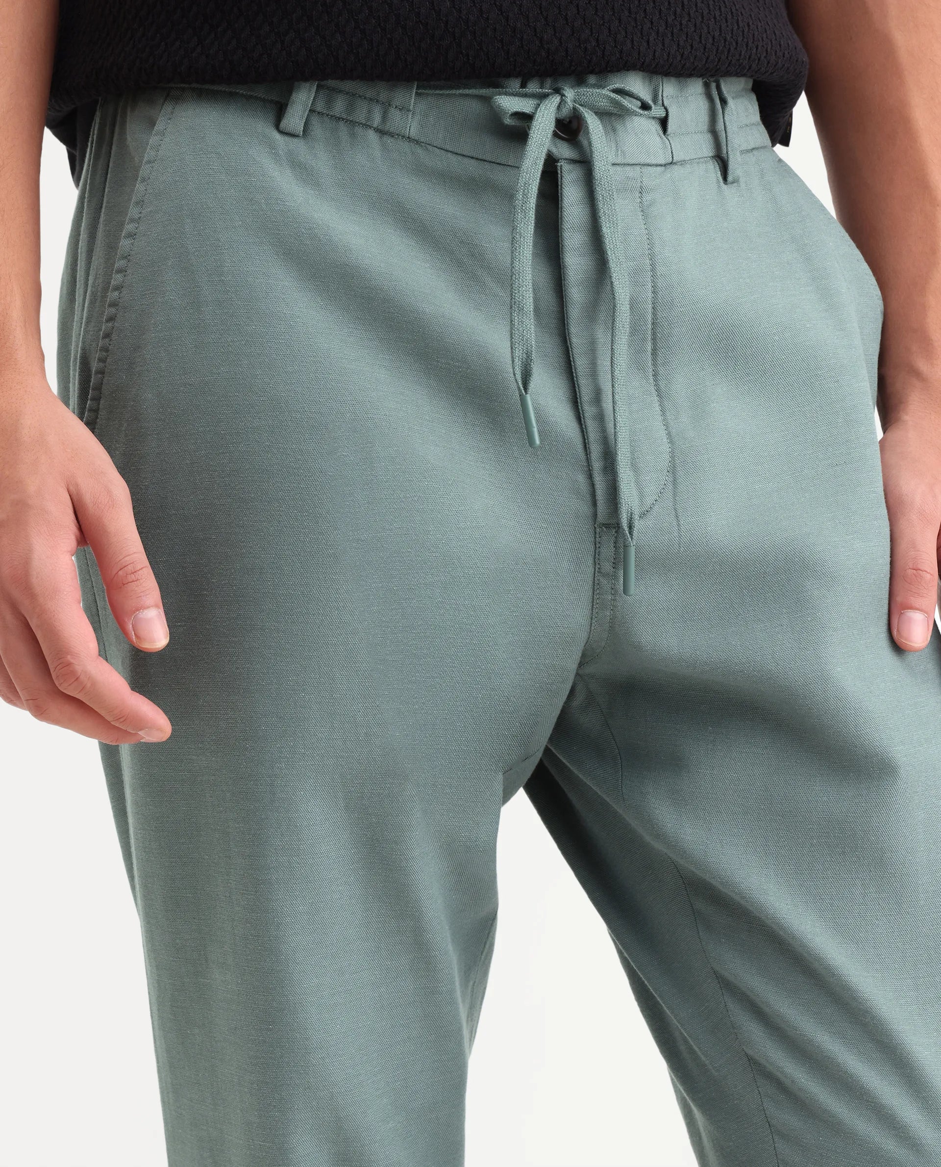 Rare Rabbit Men's Linol-T Dusky Green Linen Blend Fabric Regular Fit Drawstring Plain Trouser - Image 3