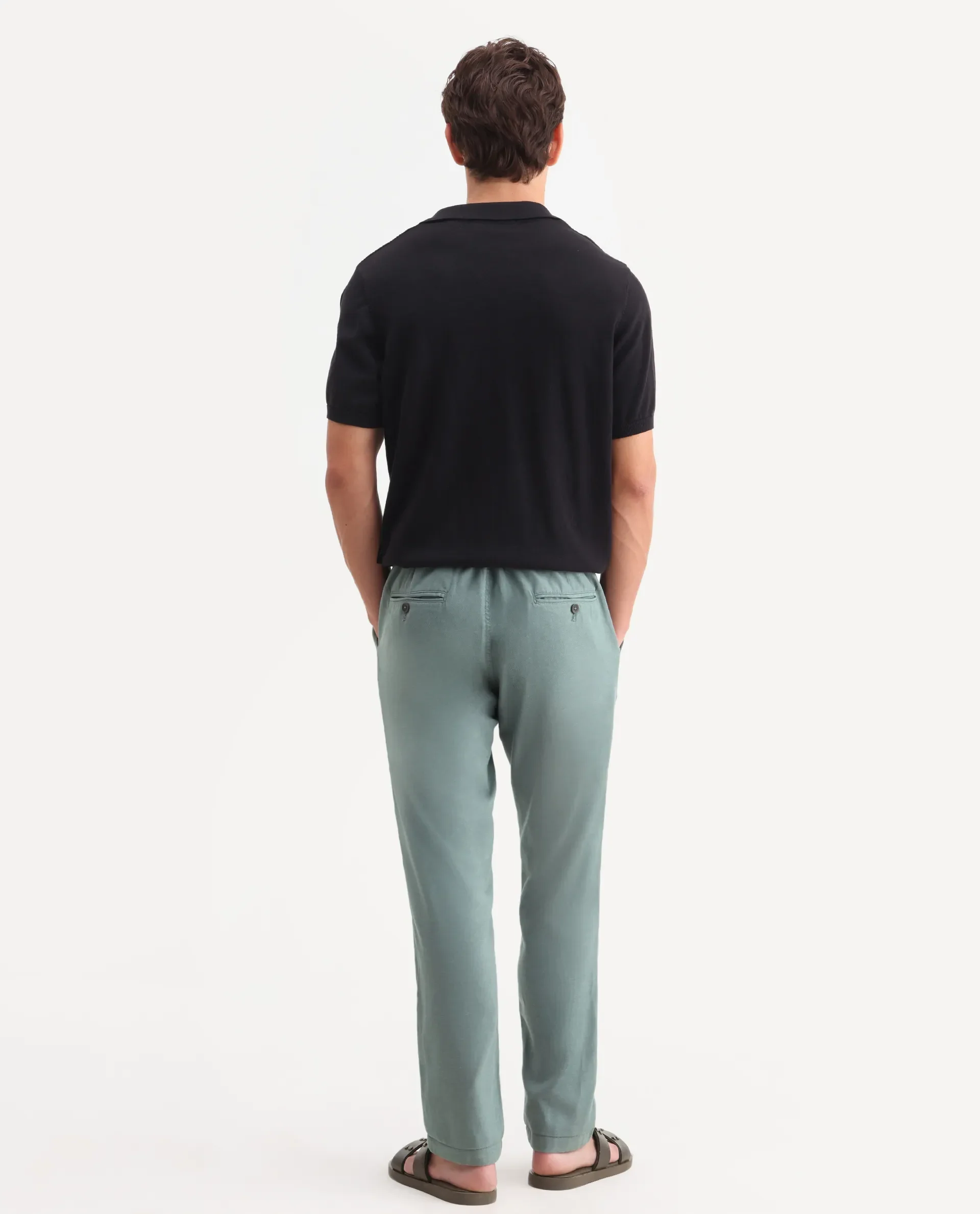 Rare Rabbit Men's Linol-T Dusky Green Linen Blend Fabric Regular Fit Drawstring Plain Trouser - Image 4