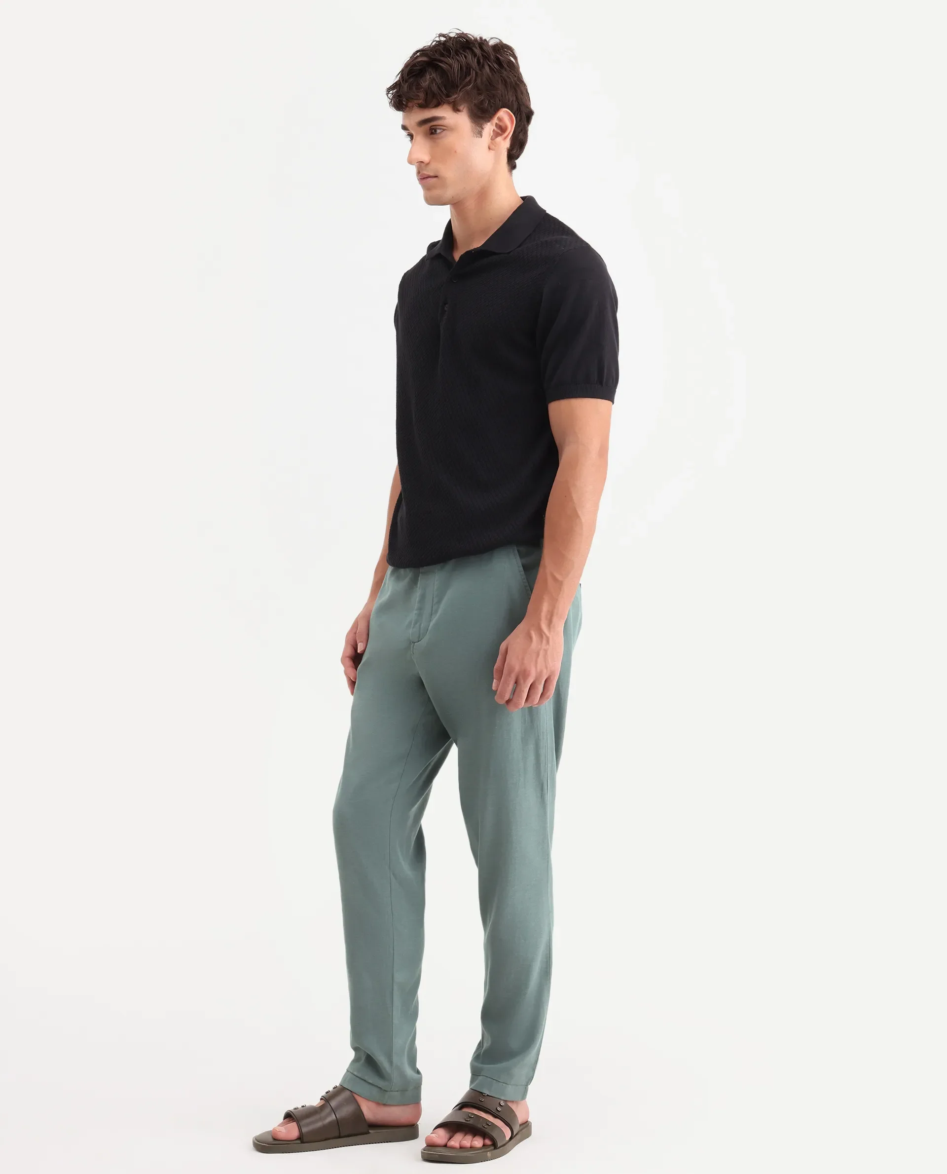 Rare Rabbit Men's Linol-T Dusky Green Linen Blend Fabric Regular Fit Drawstring Plain Trouser - Image 5