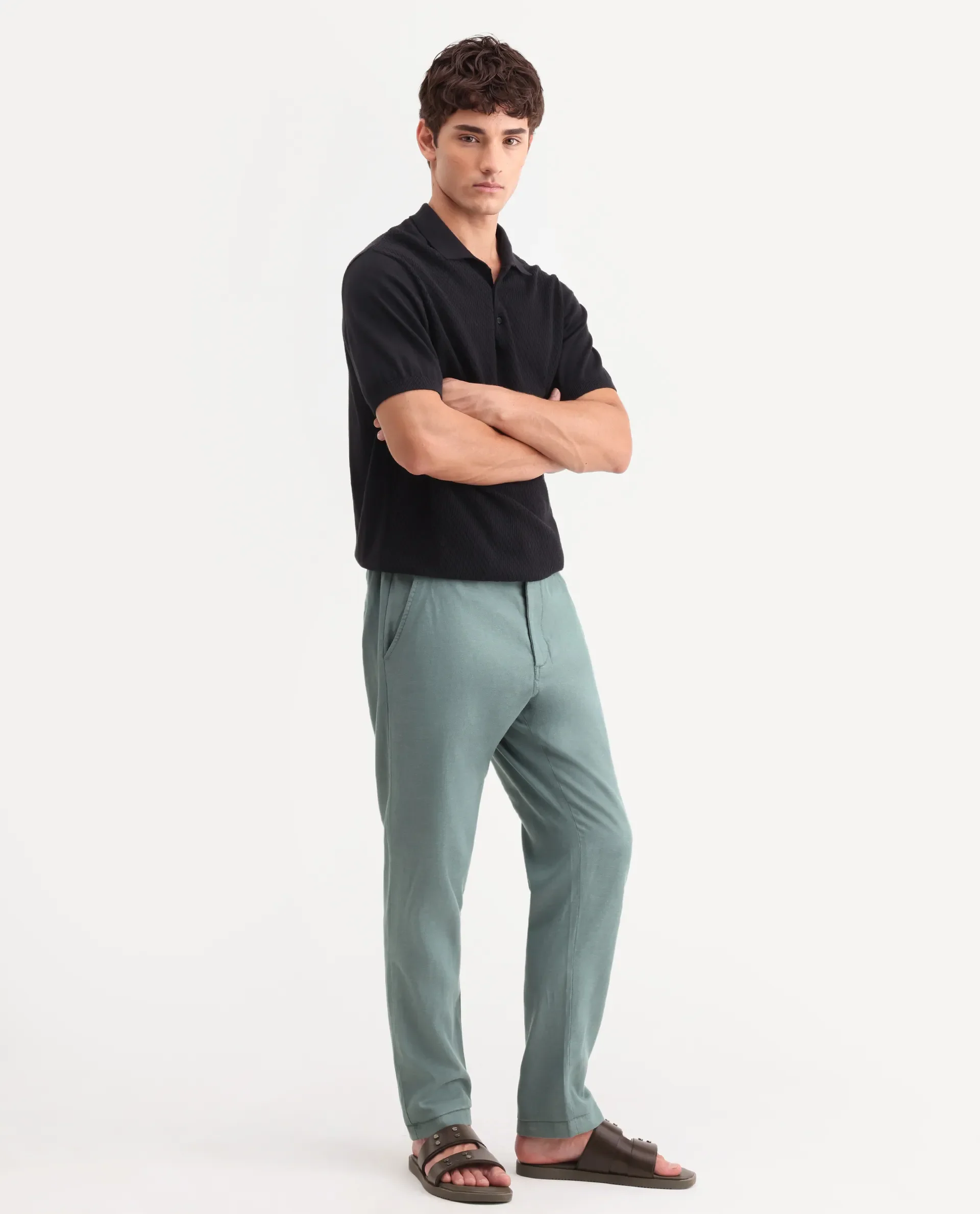 Rare Rabbit Men's Linol-T Dusky Green Linen Blend Fabric Regular Fit Drawstring Plain Trouser - Image 6