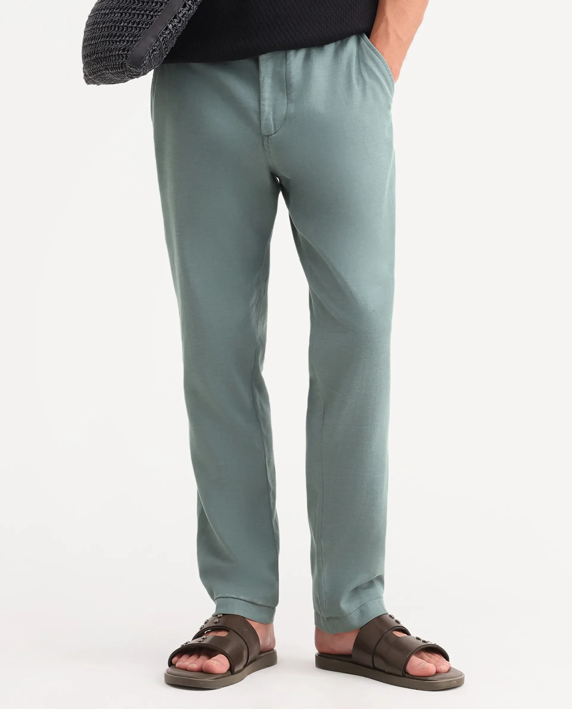 Rare Rabbit Men's Linol-T Dusky Green Linen Blend Fabric Regular Fit Drawstring Plain Trouser - Image 7