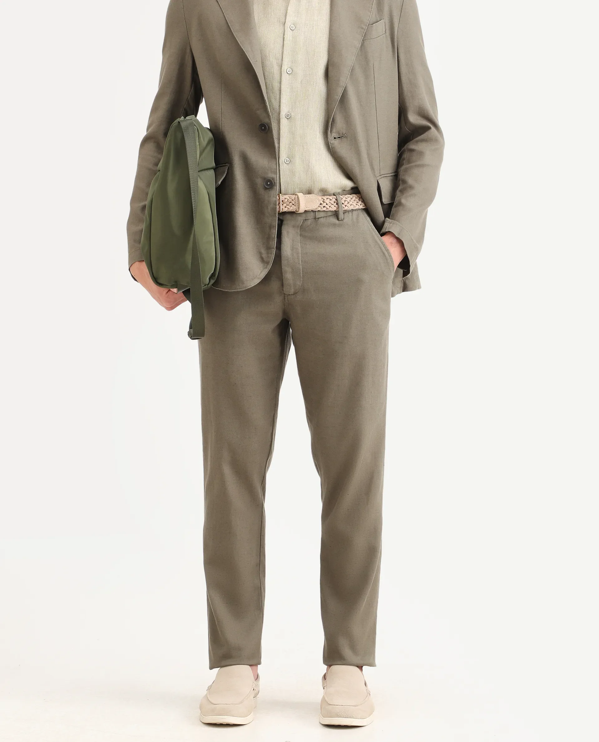 Rare Rabbit Men's Linol-T Dusky Olive Linen Blend Fabric Regular Fit Drawstring Plain Trouser - Image 2