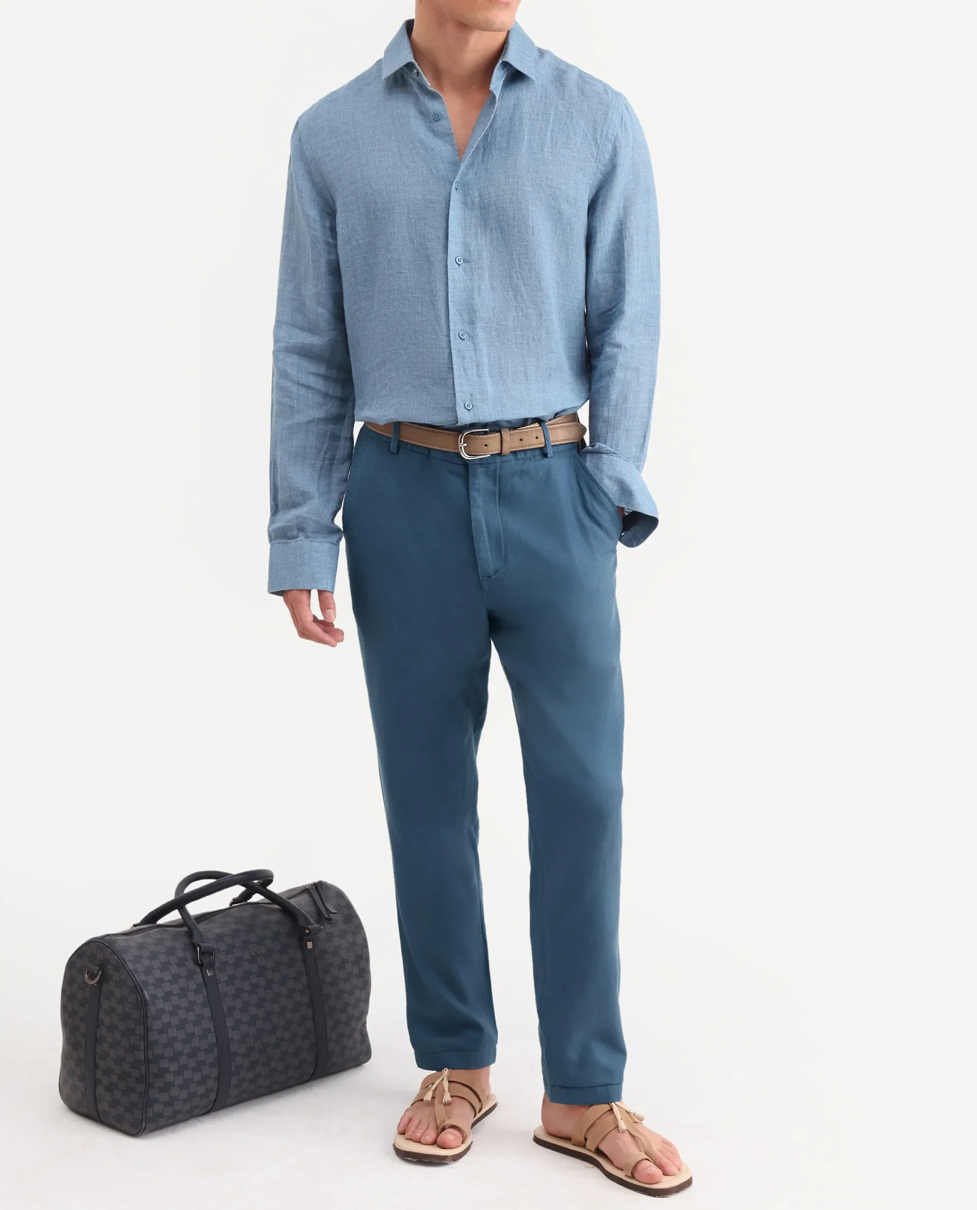 Rare Rabbit Men's Linol-T Dusky Petrol Linen Blend Fabric Regular Fit Drawstring Plain Trouser - Image 2