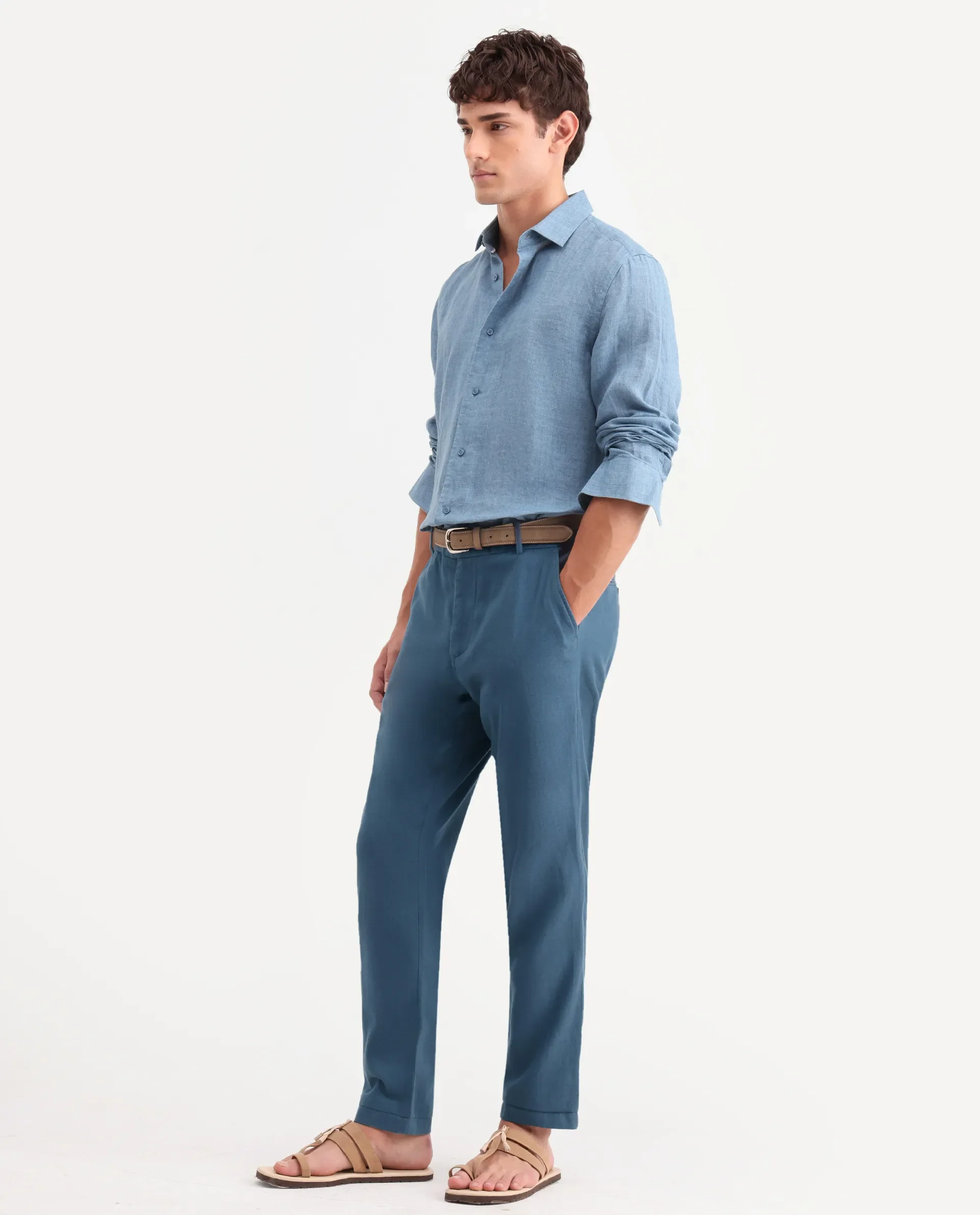 Rare Rabbit Men's Linol-T Dusky Petrol Linen Blend Fabric Regular Fit Drawstring Plain Trouser - Image 3