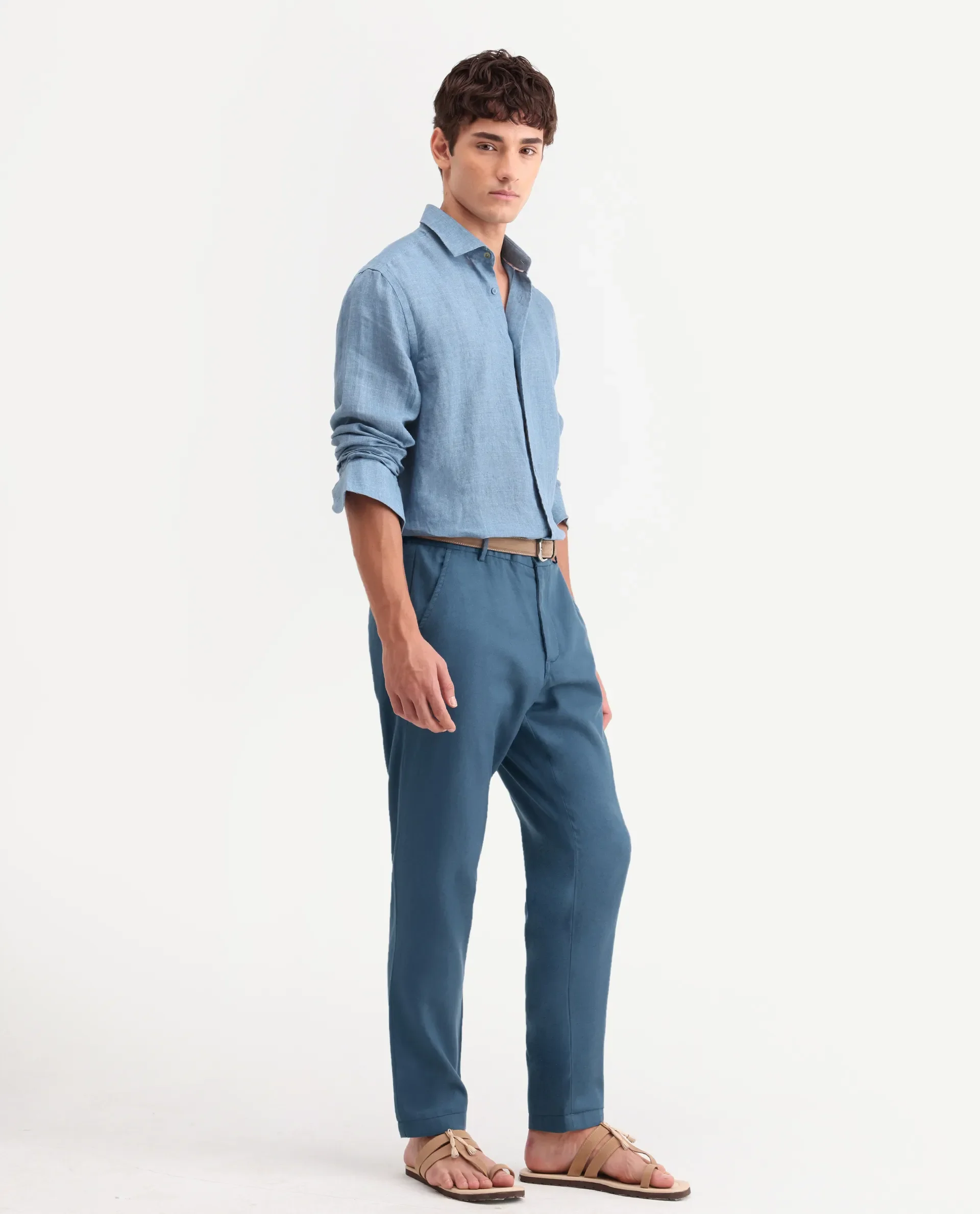 Rare Rabbit Men's Linol-T Dusky Petrol Linen Blend Fabric Regular Fit Drawstring Plain Trouser - Image 4