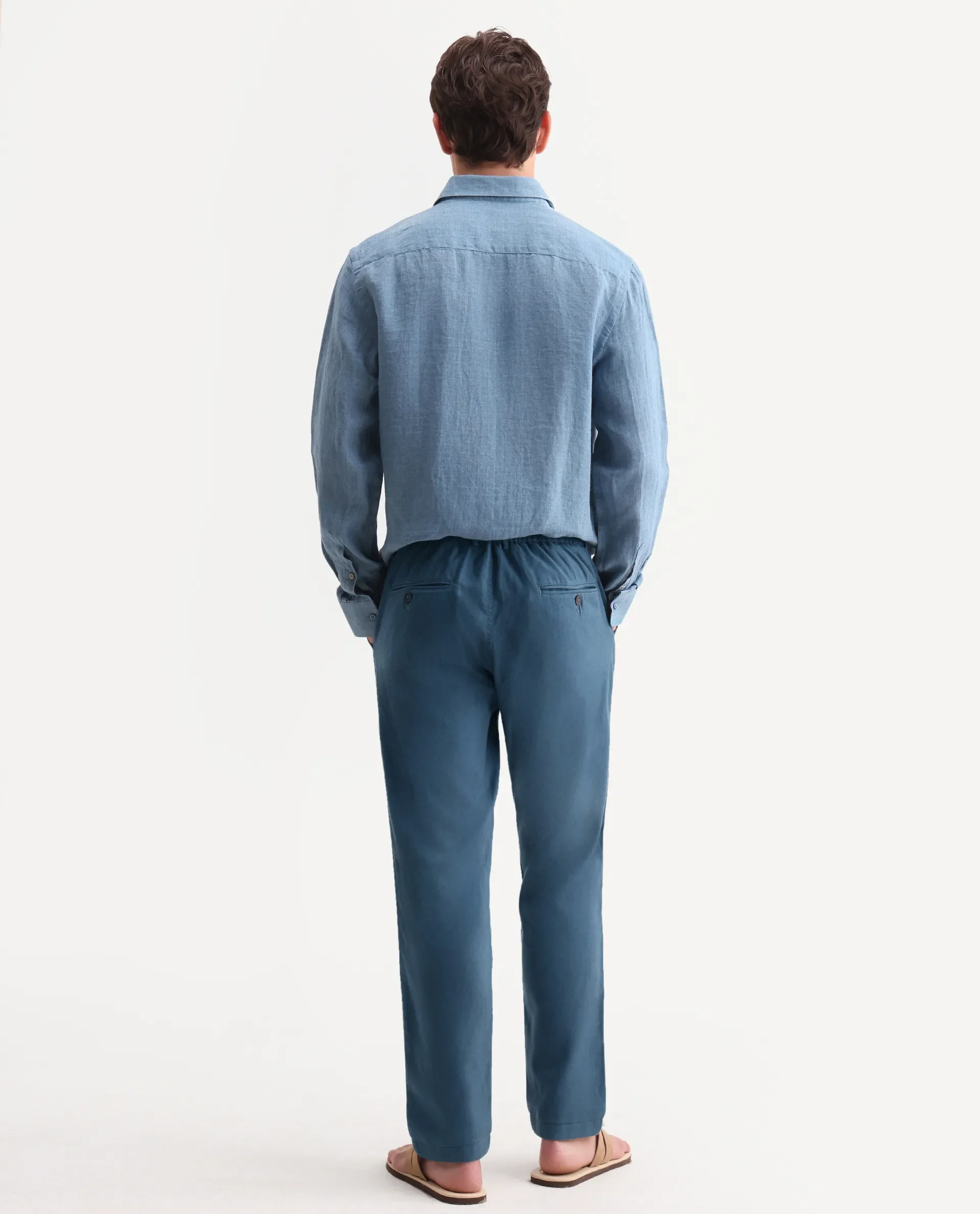 Rare Rabbit Men's Linol-T Dusky Petrol Linen Blend Fabric Regular Fit Drawstring Plain Trouser - Image 5